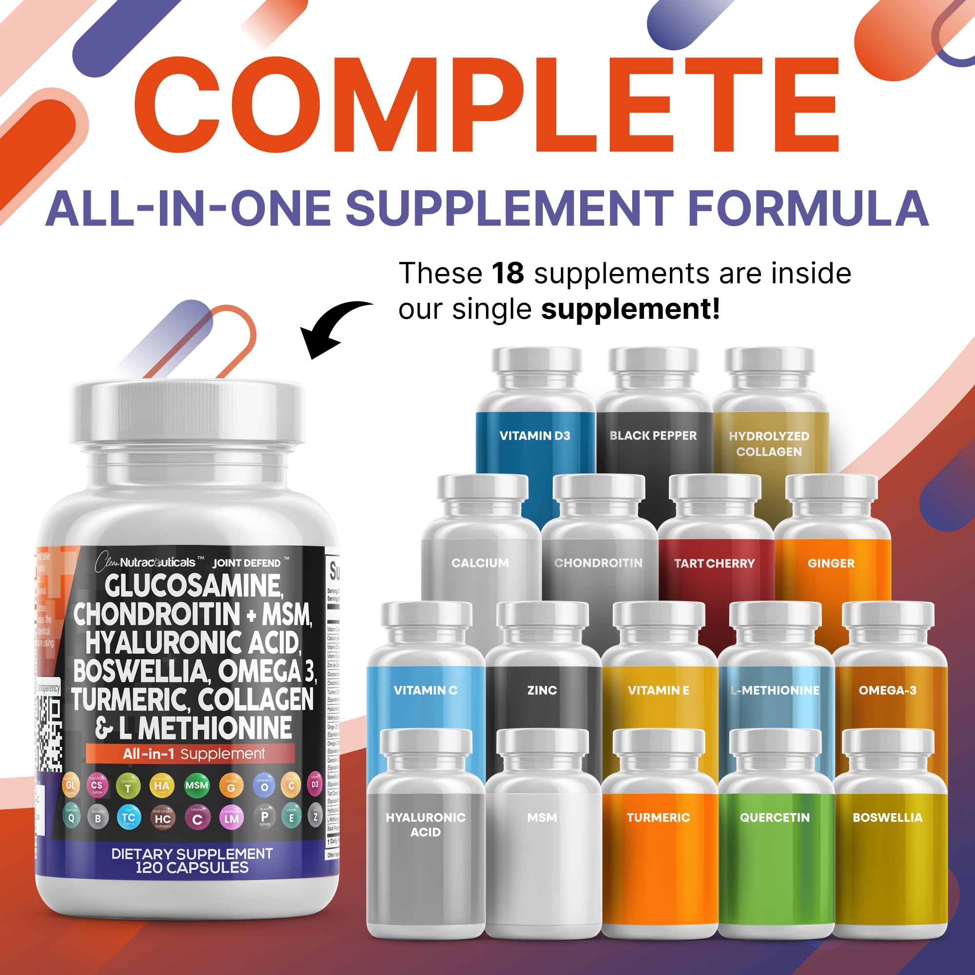 Clean Nutraceuticals Glucosamine 1500mg Chondroitin 1200mg MSM with Turmeric Curcumin, Collagen, Hyaluronic Acid, Omega 3 – Joint Health Supplement for Men & Women – Joint Complex – 120 Count