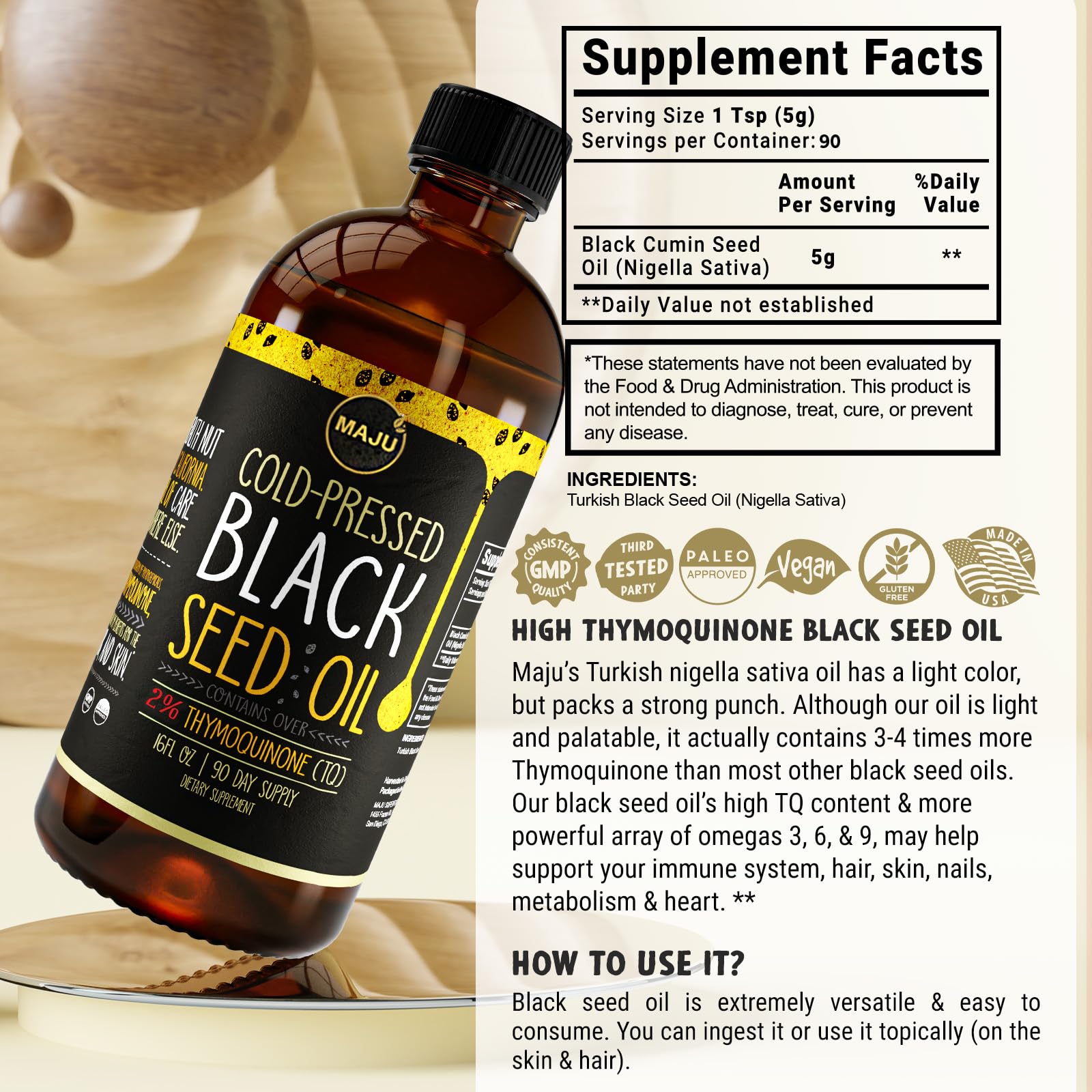 MAJU's Black Seed Oil 16oz: 3X Thymoquinone, Cold Pressed, 100% Turkish Black Cumin Nigella Sativa Seed Oil (Better Than Organic), Non-GMO, 100% Liquid Pure Blackseed, Glass Bottle