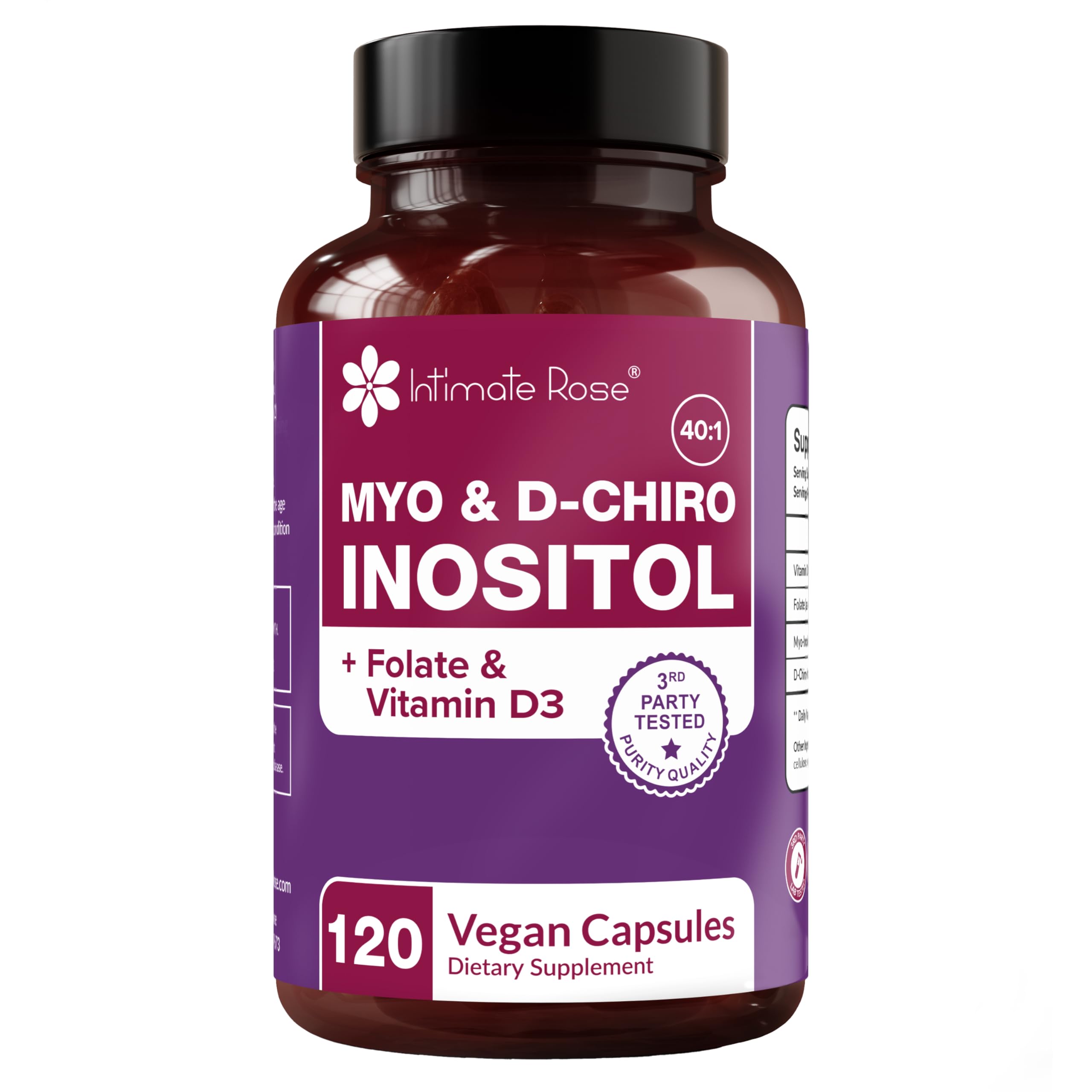 Intimate Rose Myo-Inositol & D-Chiro Inositol Supplement with Folate and Vitamin D - Support Hormonal Balance, Regular Cycles and Ovarian Health - 30-Day Supply - 40:1 Ratio Capsules