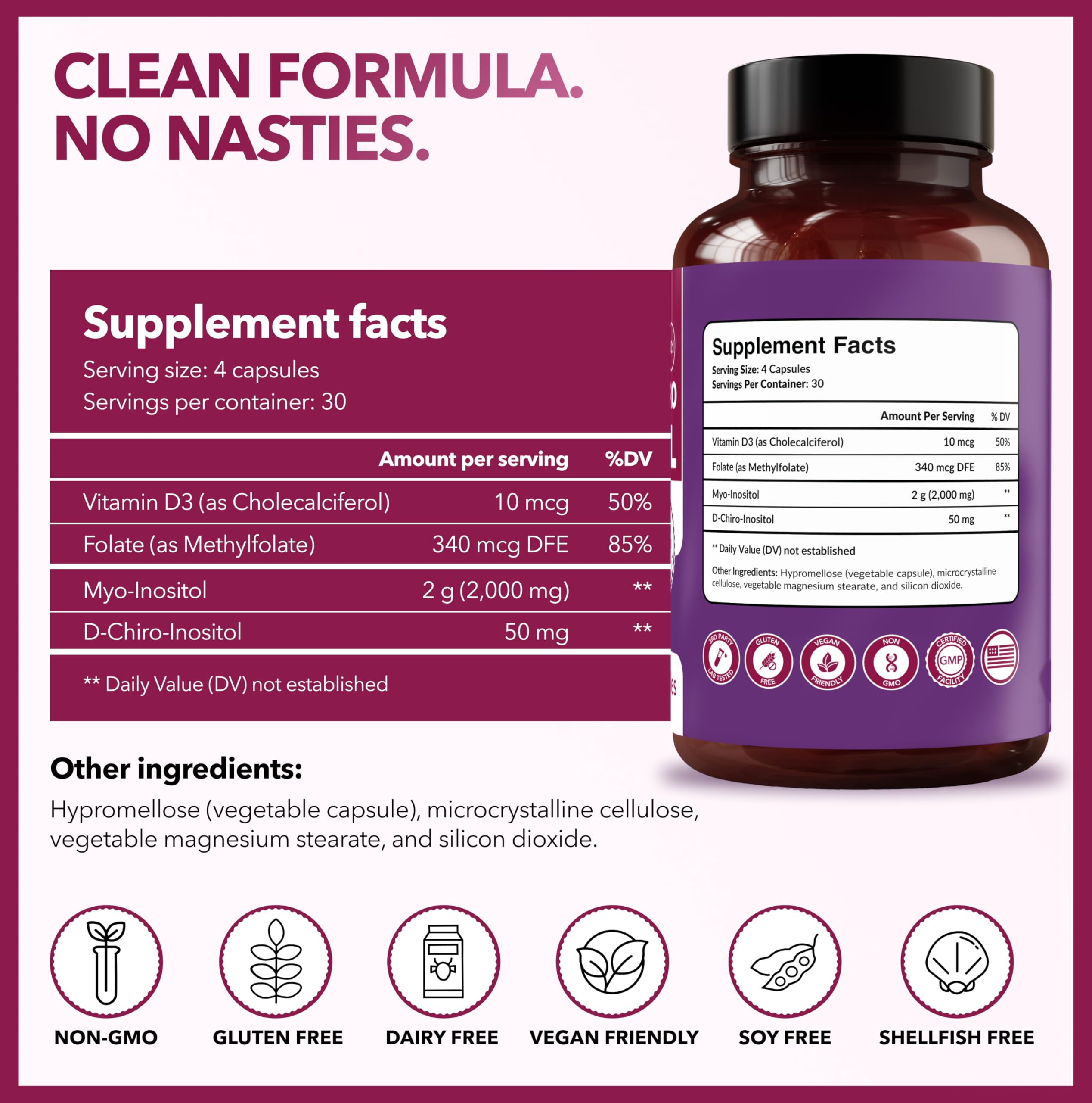 Intimate Rose Myo-Inositol & D-Chiro Inositol Supplement with Folate and Vitamin D - Support Hormonal Balance, Regular Cycles and Ovarian Health - 30-Day Supply - 40:1 Ratio Capsules