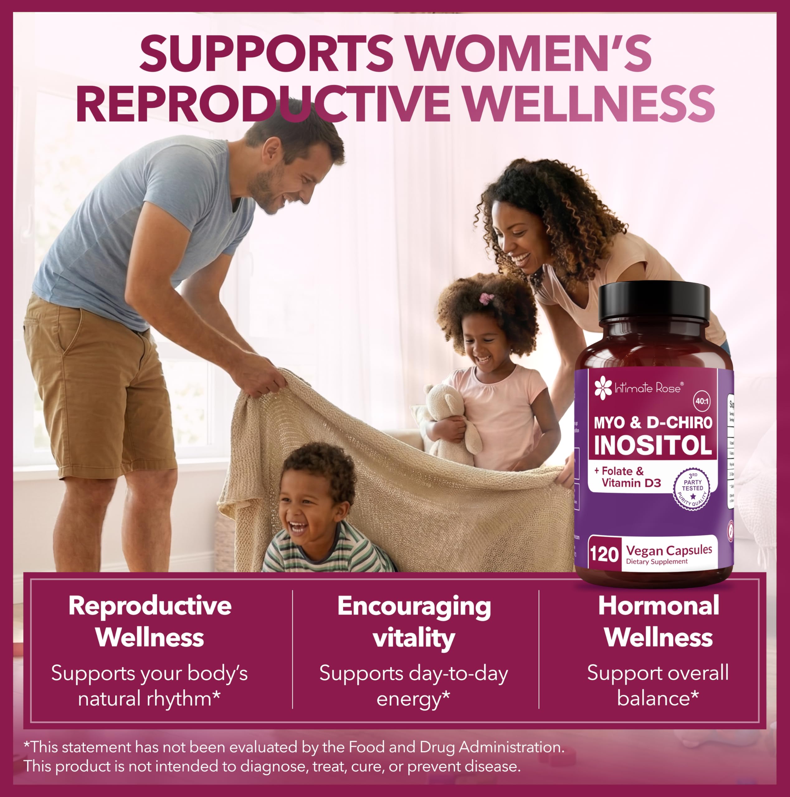 Intimate Rose Myo-Inositol & D-Chiro Inositol Supplement with Folate and Vitamin D - Support Hormonal Balance, Regular Cycles and Ovarian Health - 30-Day Supply - 40:1 Ratio Capsules