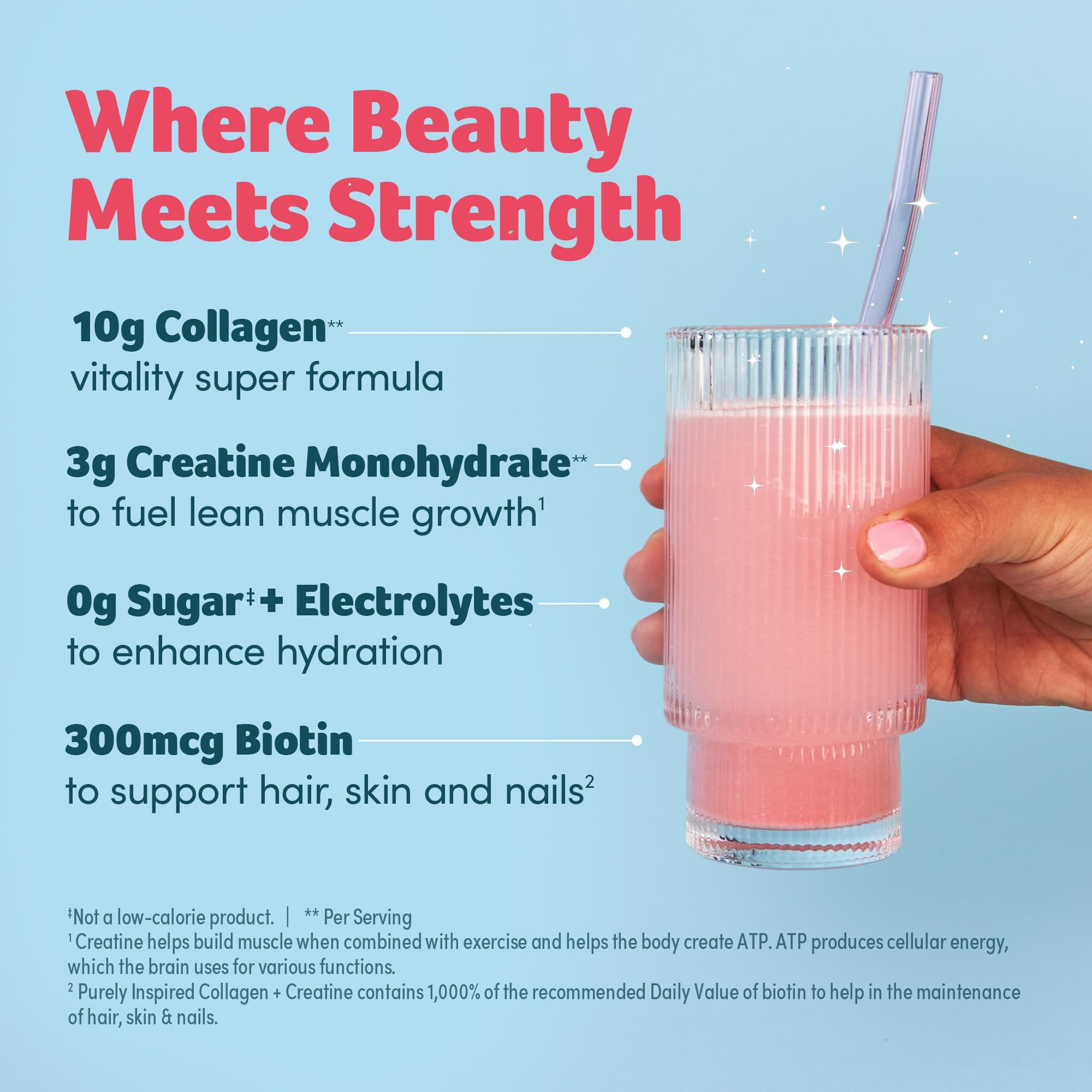 Purely Inspired Collagen and Creatine Powder, Watermelon Strawberry - 10g Collagen & 3g Creatine Builds Lean Muscle - Flavored Drink Mix with Key Electrolytes - Gluten-Free & Zero Sugar