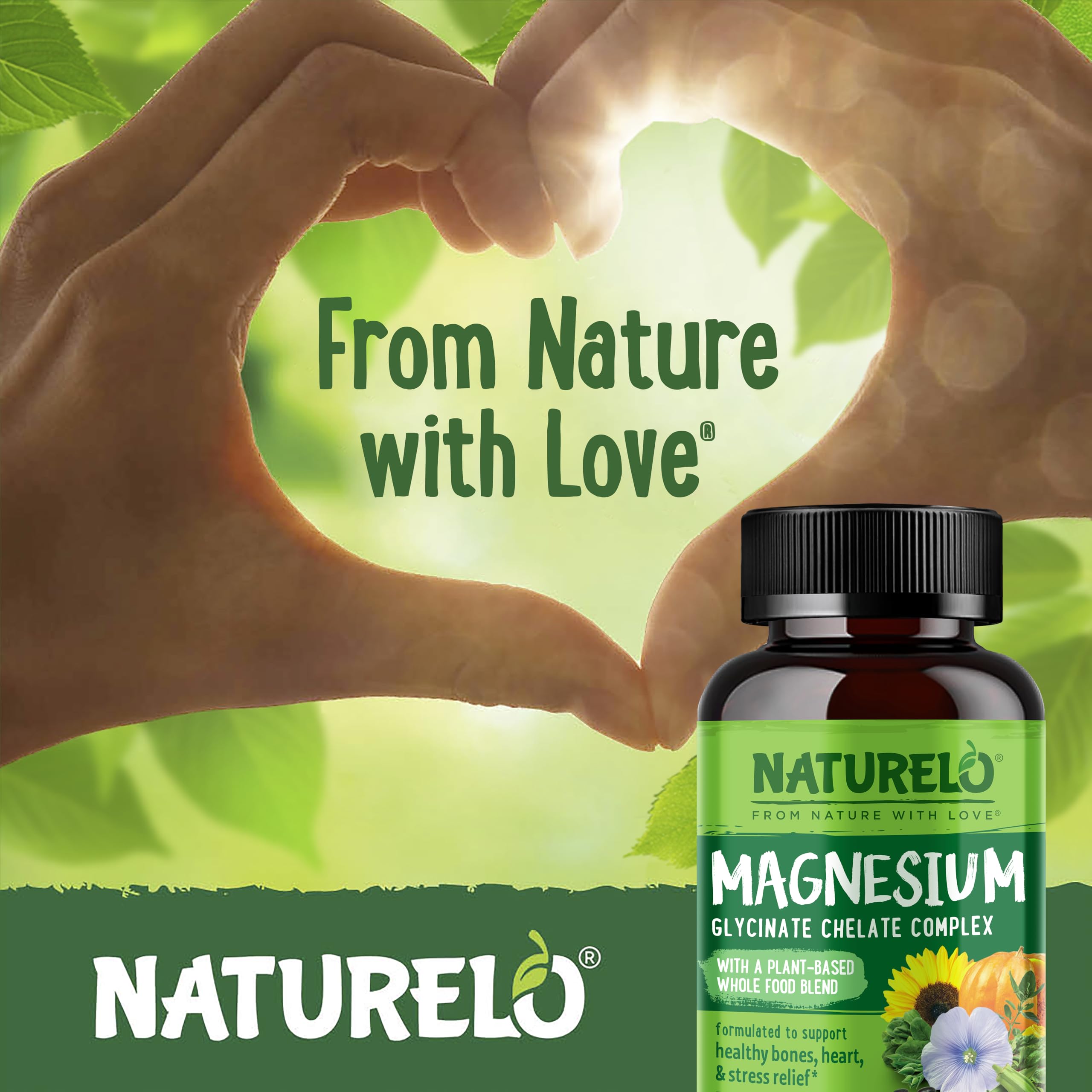 NATURELO Magnesium Glycinate Chelate Complex - 200 mg Magnesium with Organic Vegetables to Support Sleep, Calm, Muscle Cramp & Stress Relief - Gluten Free, Non GMO - 120 Capsules