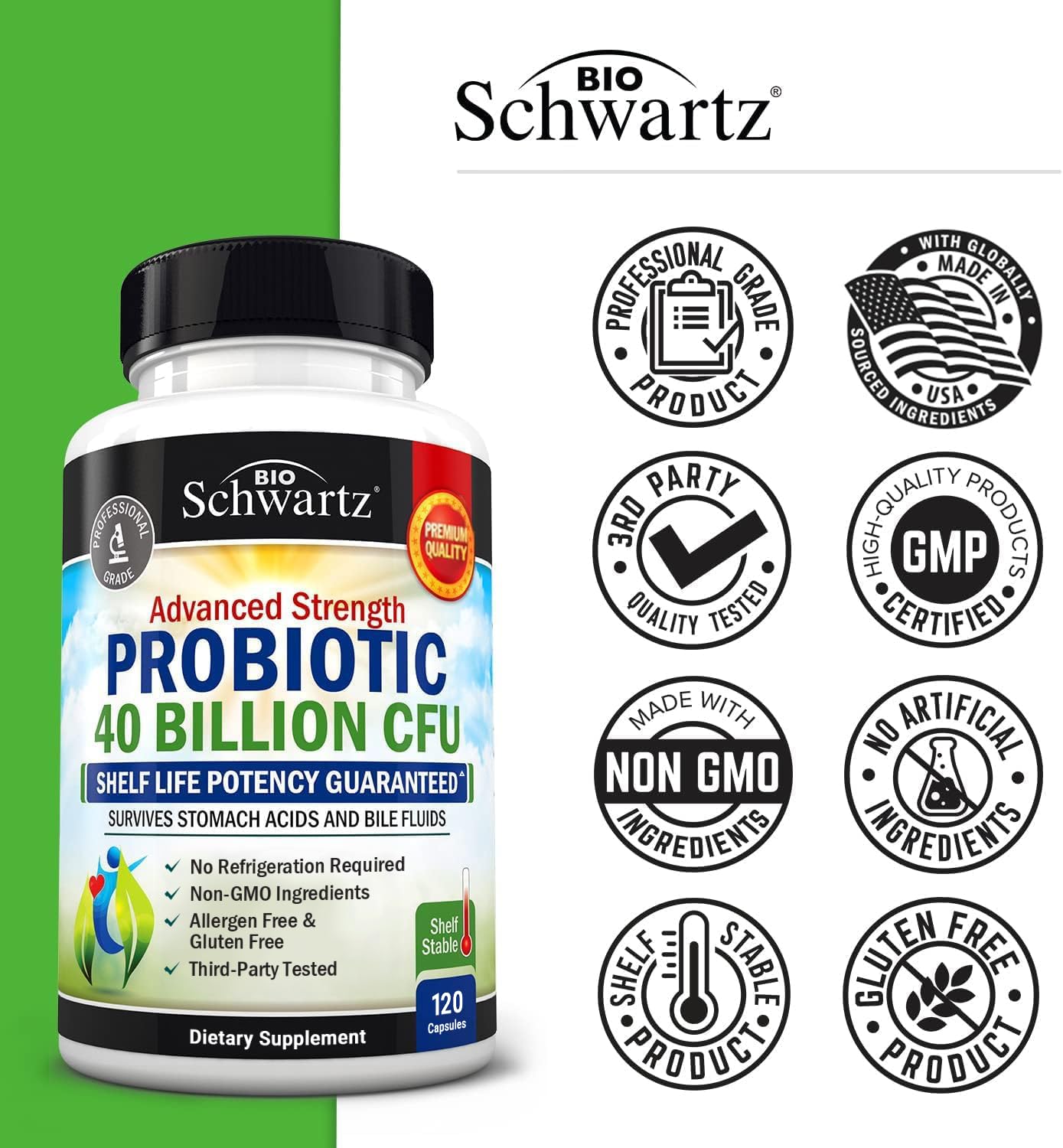 BioSchwartz Daily Probiotic Nutritional Supplement - 40 Billion CFU for Gut Health - Probiotics for Men and Women - Digestive Health with Astragalus & Lactobacillus - Shelf Stable - 120 Count
