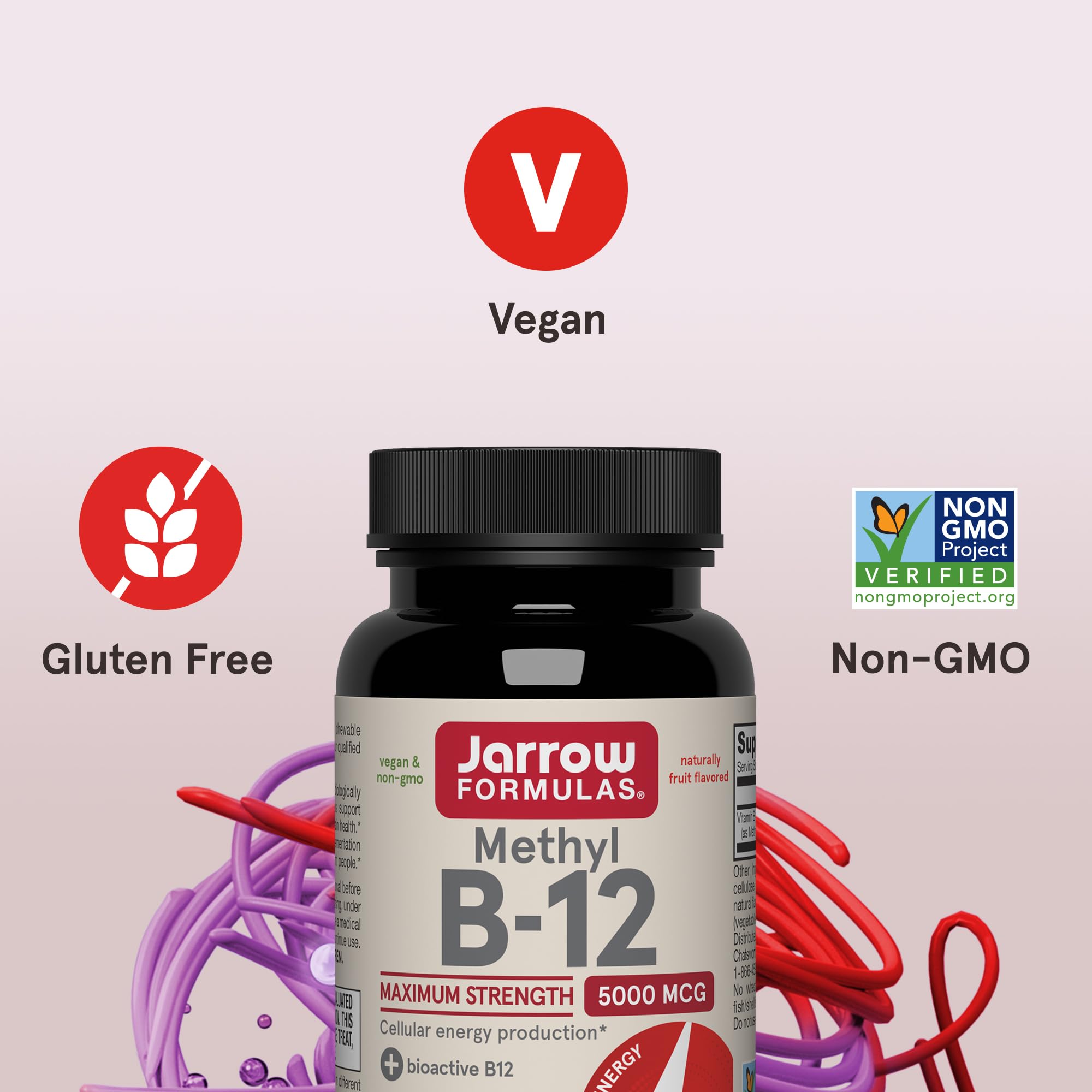 Jarrow Formulas Methyl Vitamin B12 5000 mcg - 60 Chewable Tablets, Naturally Fruit Flavored- Bioactive B12 Vitamin - Supports Cellular Energy Production, Brain Health & Metabolism - 60 Servings