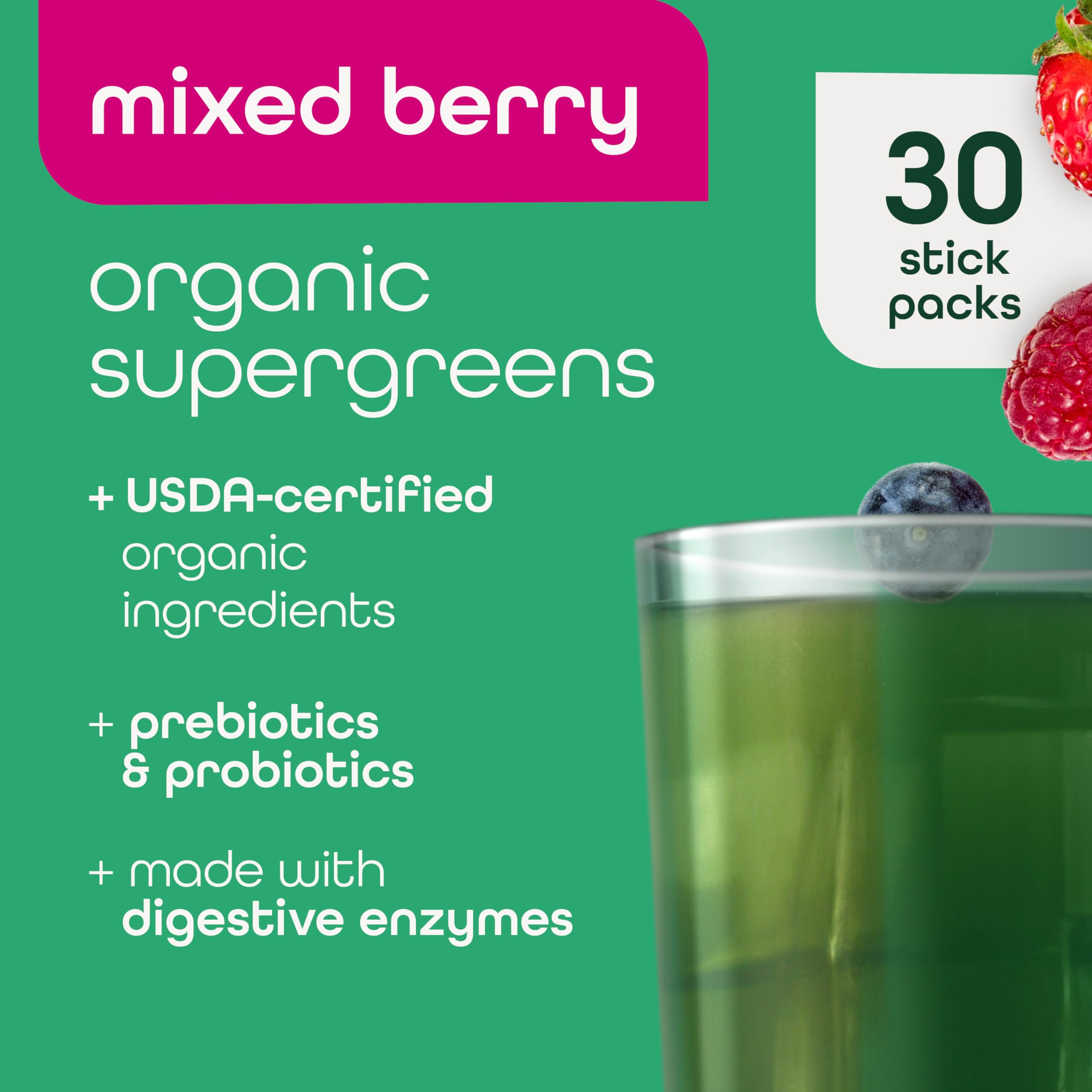 Zena Nutrition Organic Super Greens Powder, 70+ Superfoods, 0 Sugar, 3g Fiber, Spirulina, Chlorella, Mushrooms, Prebiotics/Probiotics, Digestive Enzymes, Gut Health, Mixed Berry, 30 Drink Mix Packets