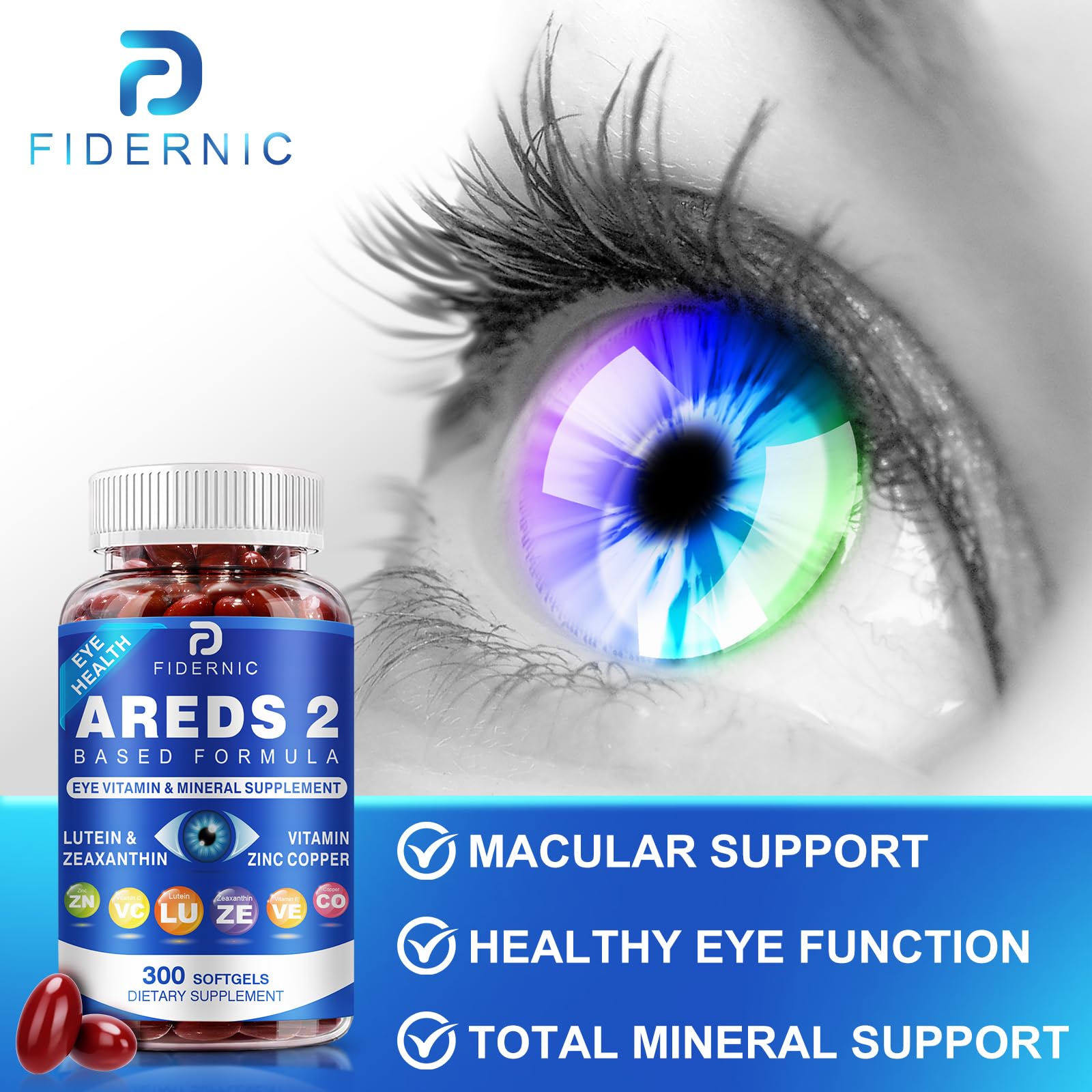 AREDS 2 Eye Vitamin & Mineral Supplement — Lutein and Zeaxanthin Supplement, Vitamin C & E, Zinc & Copper for Blue Light Protection, Eye Health Support, Eyebright , Eye Doctor Trusted — 300 Softgels