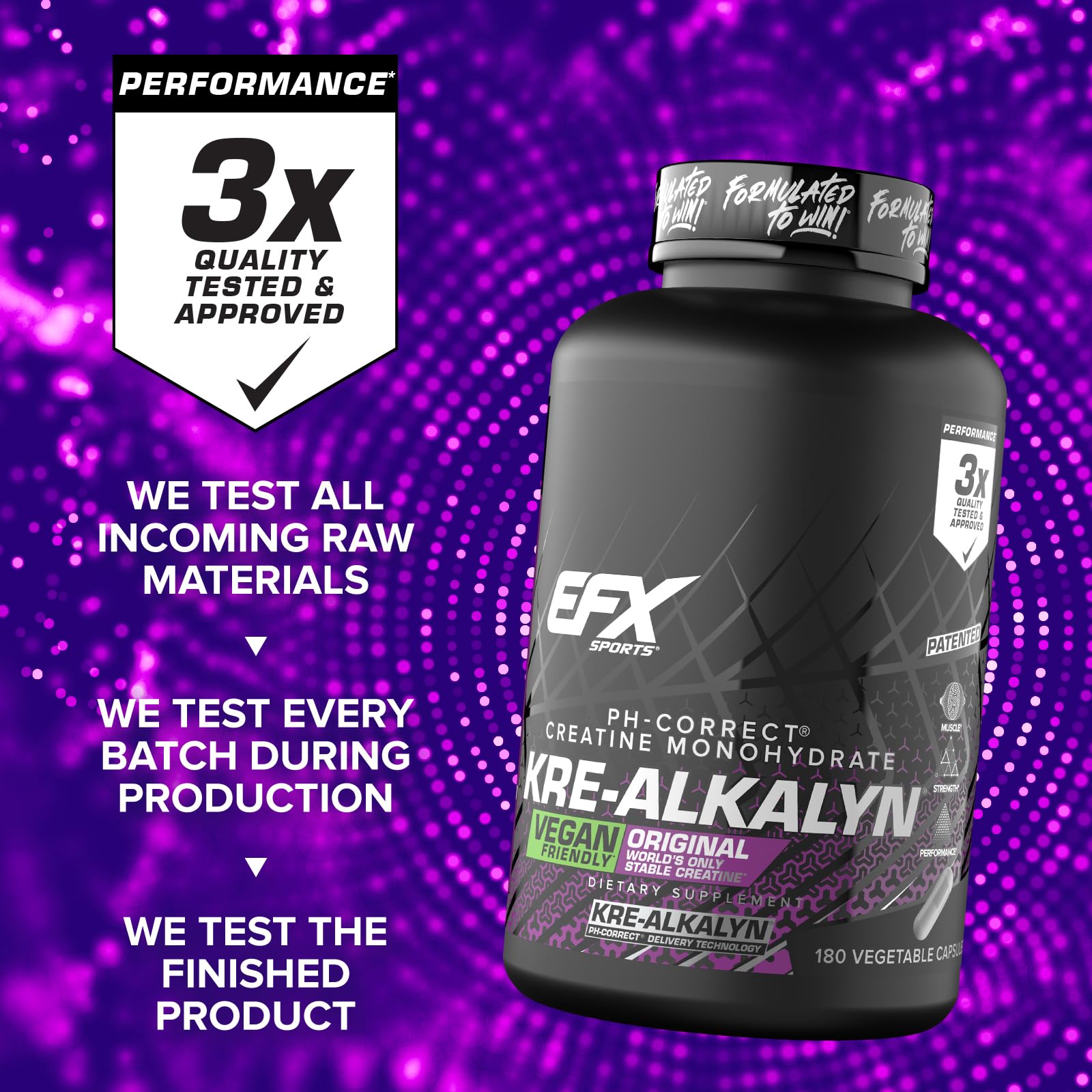 EFX Sports Kre-Alkalyn EFX | pH Correct Creatine Monohydrate Pill Supplement | Vegan Friendly | Strength & Muscle Growth | 90 Servings, 180 Veggie Capsules
