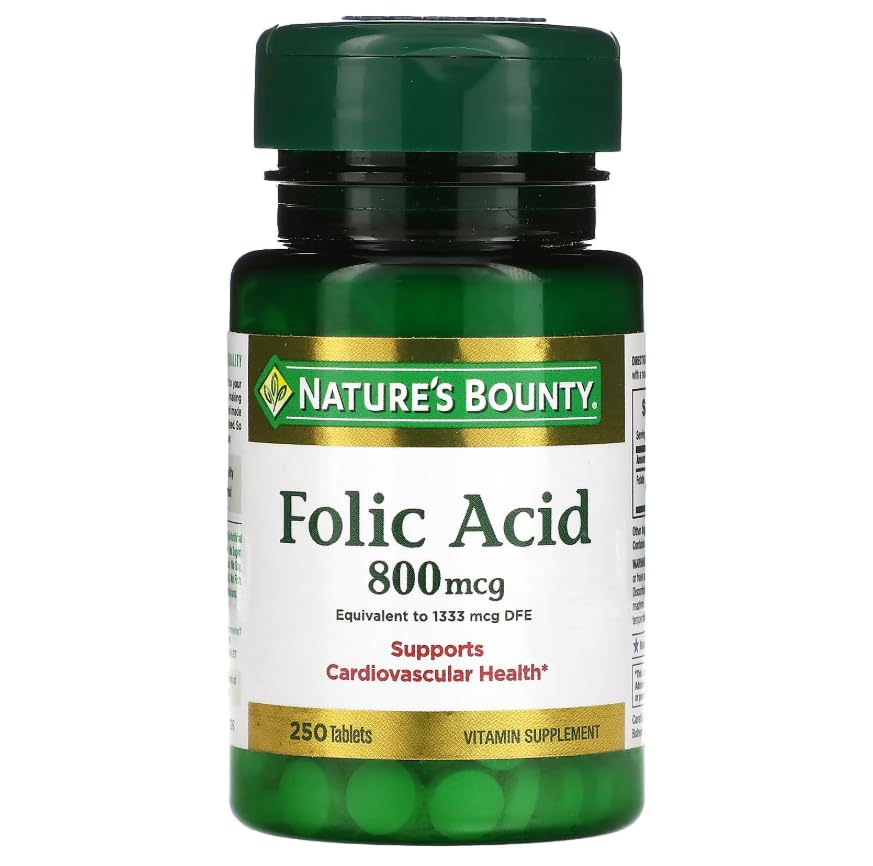 Nature's Bounty Folic Acid 800 mcg Vitamin Supplement Maximum Strength - 250 Tablets, Pack of 2
