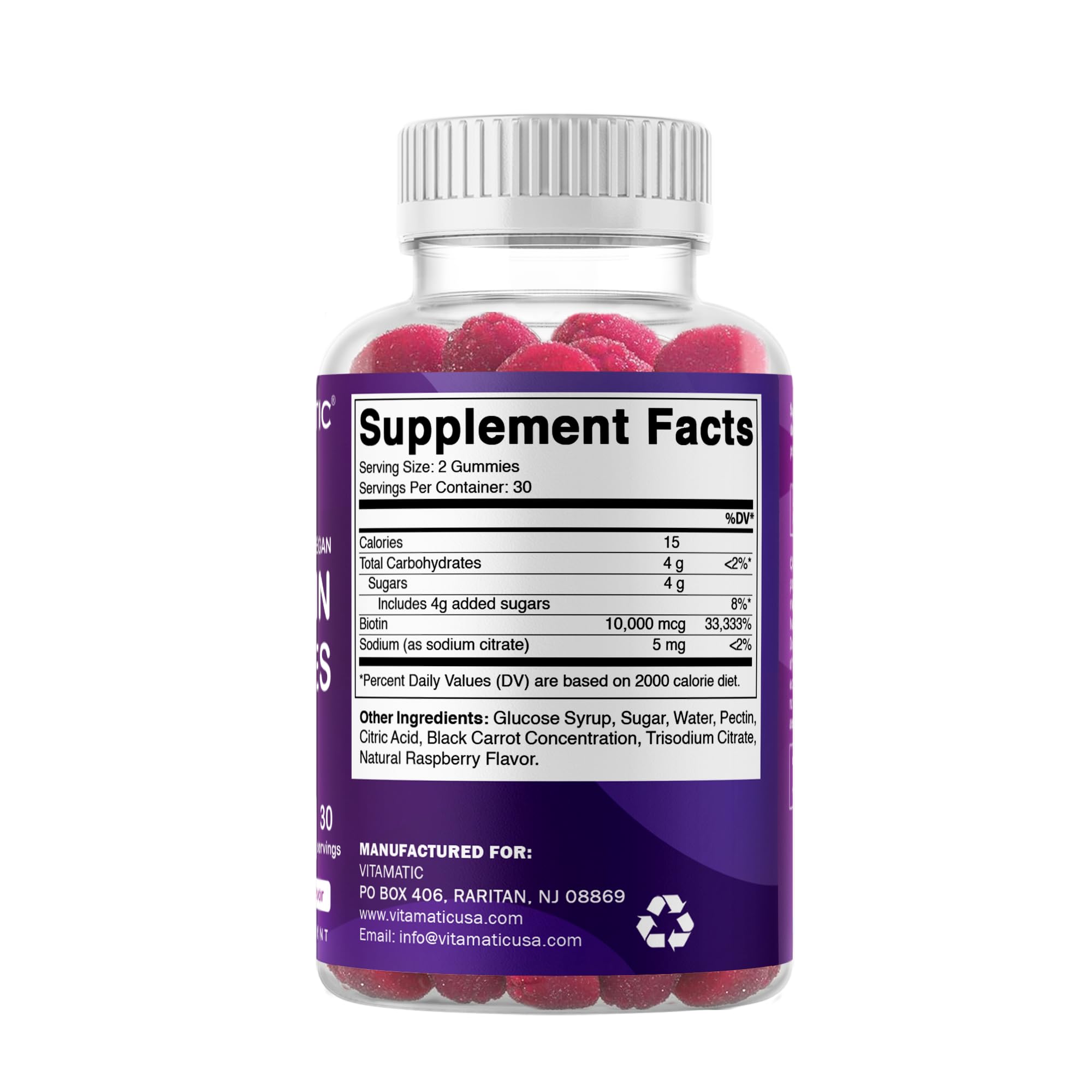 Vitamatic Biotin Gummies 10,000 mcg for Stronger Hair, Skin & Nails - 60 Vegan Gummies - Also Called Vitamin B7 (3 Bottles)