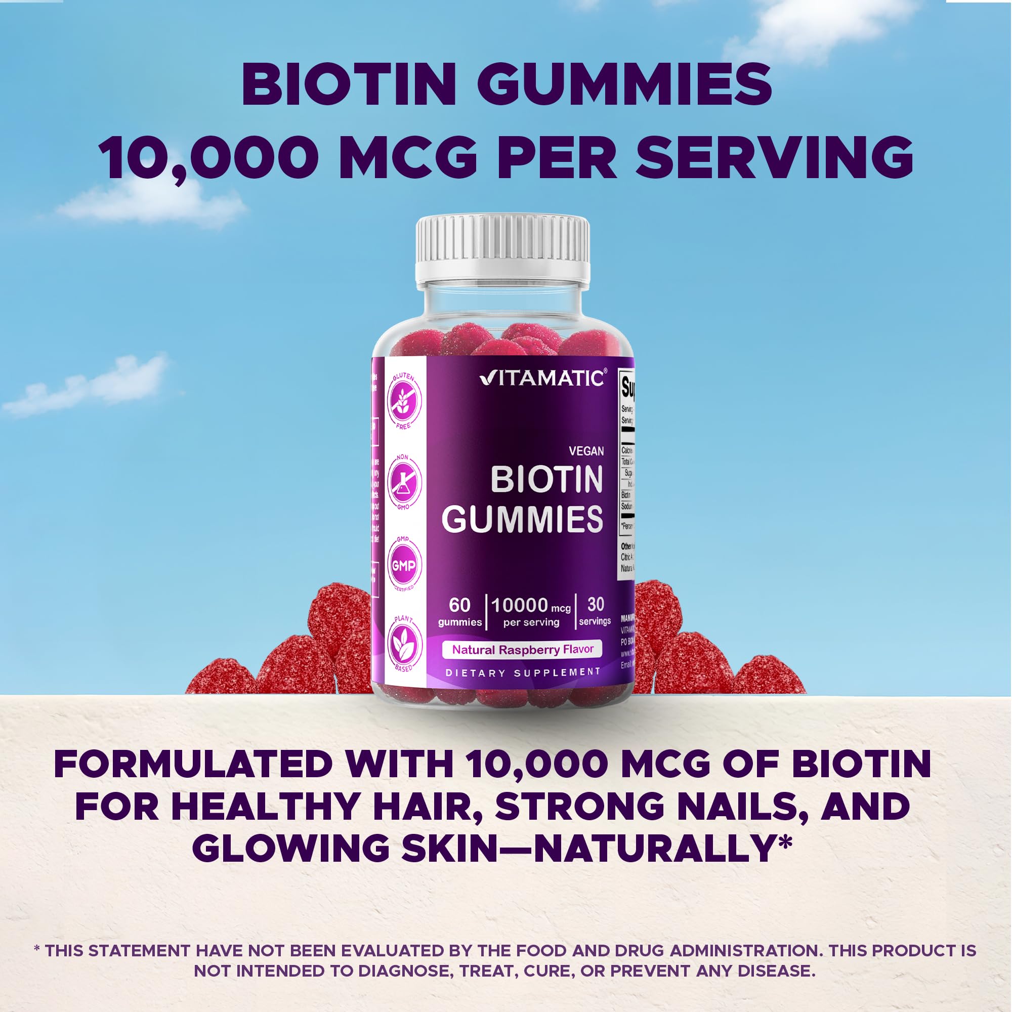 Vitamatic Biotin Gummies 10,000 mcg for Stronger Hair, Skin & Nails - 60 Vegan Gummies - Also Called Vitamin B7 (3 Bottles)