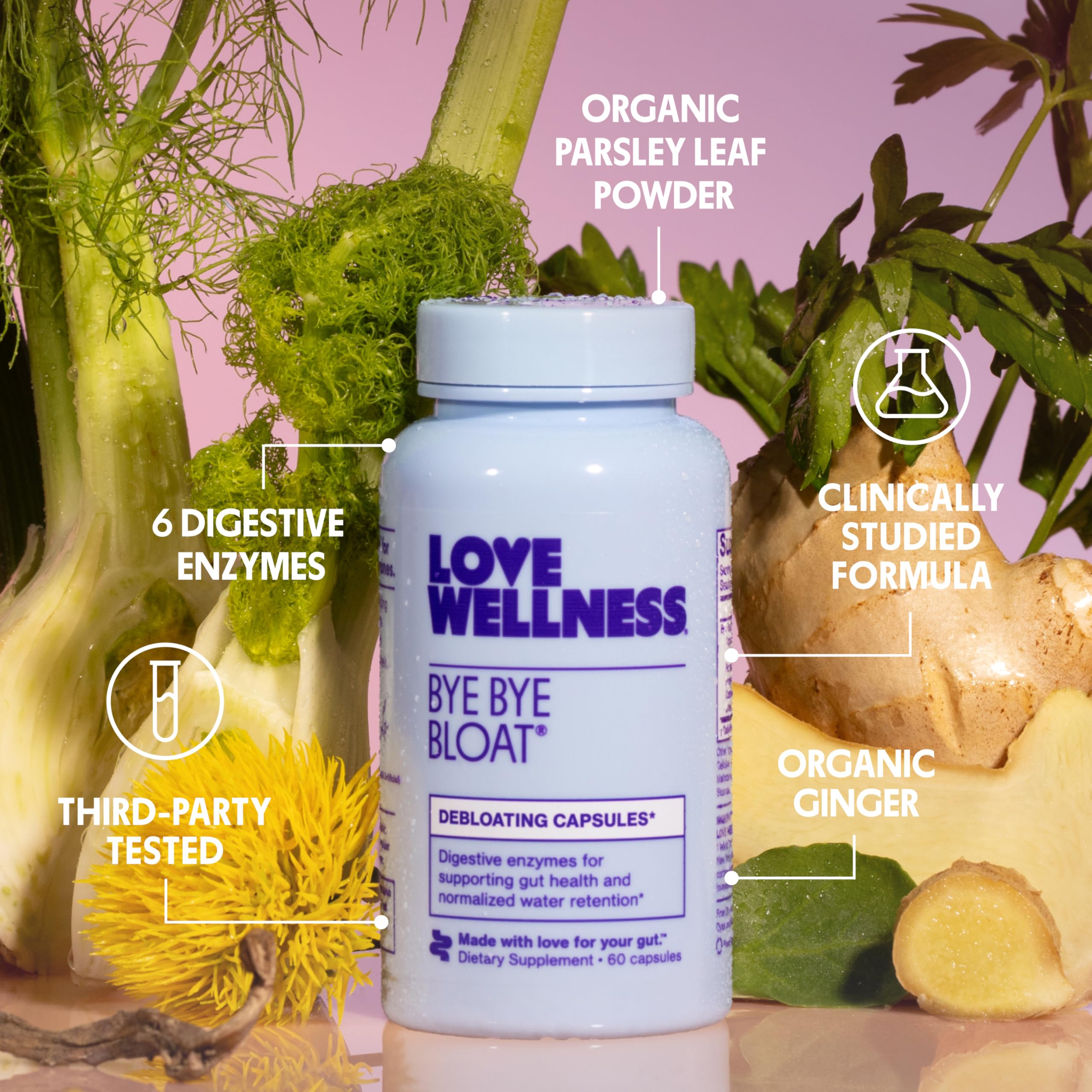 Love Wellness Bye Bye Bloat | Digestive Enzymes for Fast Acting Bloating Relief for Women | Helps Reduce Water Retention & Gas Relief | Supports Digestive Health with Fenugreek & Dandelion | 60 Count