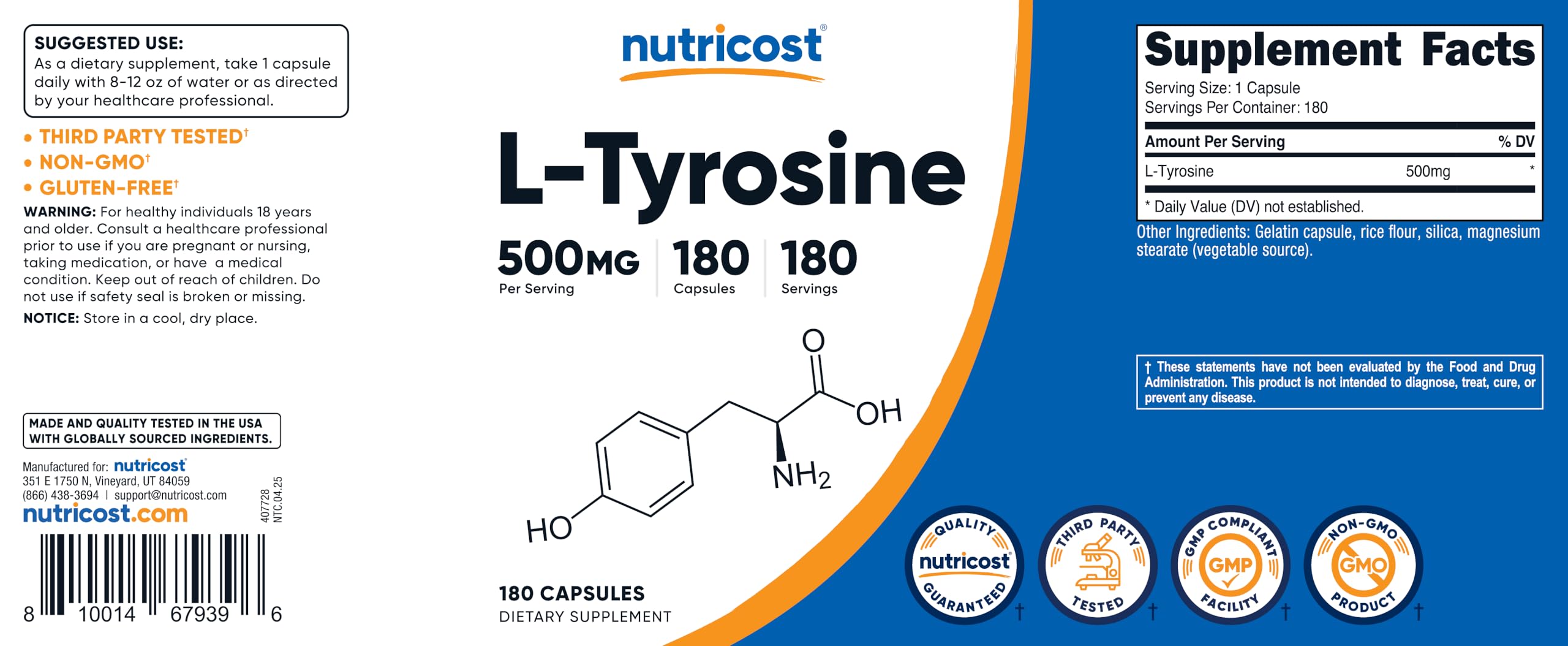 Nutricost L-Tyrosine 500mg, 180 Capsules (2 Bottles)