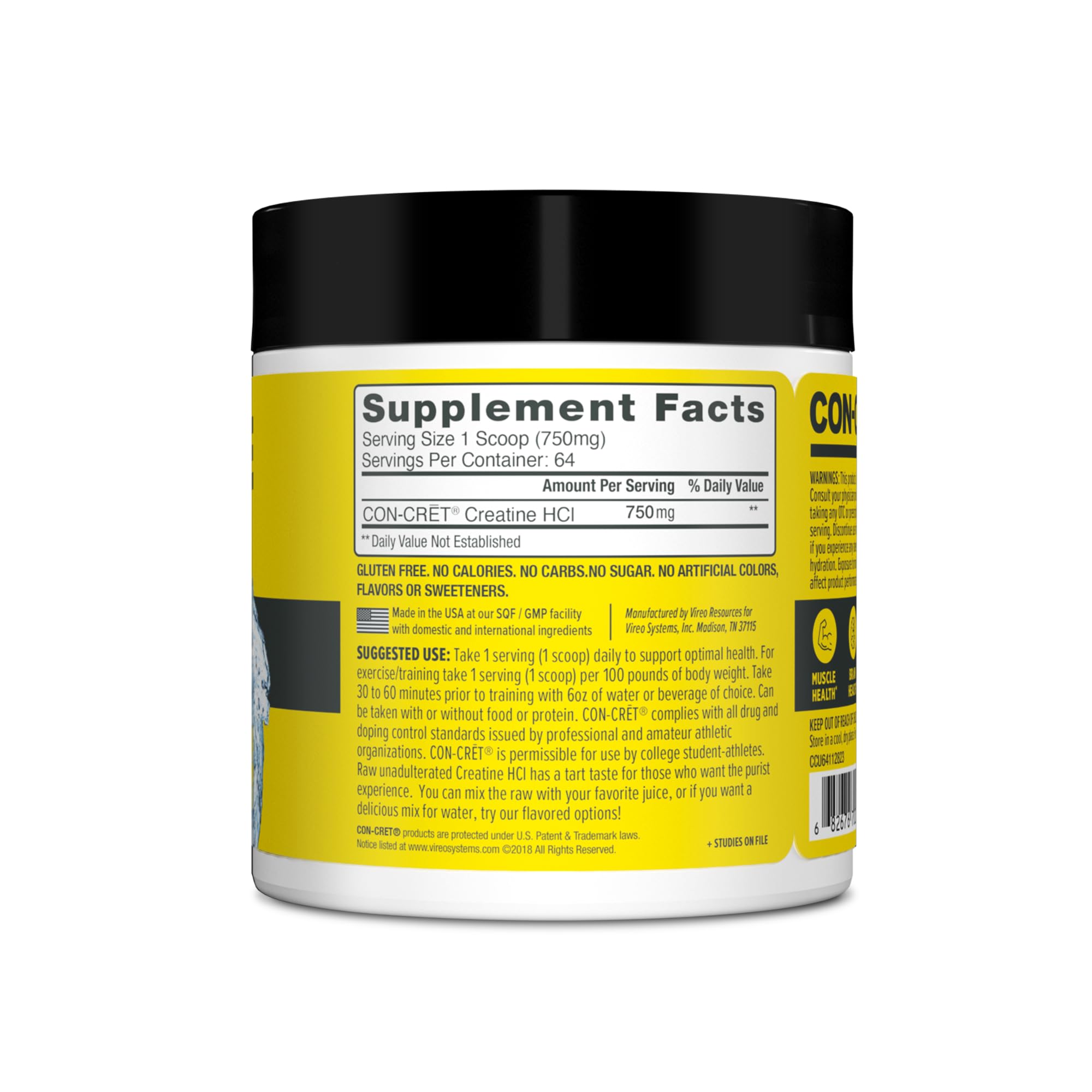 CON-CRET Creatine HCl Powder | Muscle, Cognitive, Cellular Energy Support | No Bloating or Cramps | USA Made & NSF Certified | Unflavored (64 Serving)