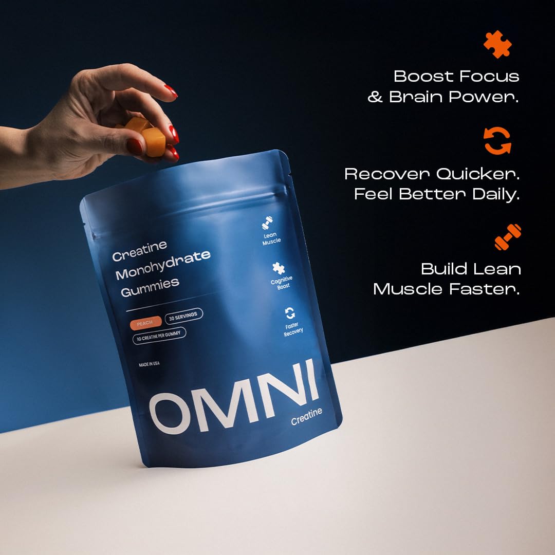 Creatine Monohydrate Gummies - Supports Muscle Growth, Recovery & Brain Function - Convenient & Easy to Take - Great Tasting Peach Flavor - 1g per Gummy, Low Sugar - 90 Count (Peach)