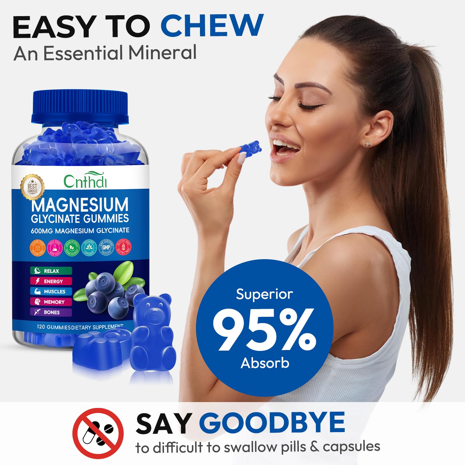 Magnesium Glycinate Gummies 600mg, Sugar Free Chewable Magnesium Gummies for Adults & Kids Relaxation, Bone Health, Stress Relief, Night Rest, No Melatonin, Gluten Free, Non GMO, Pectin, 240 Count