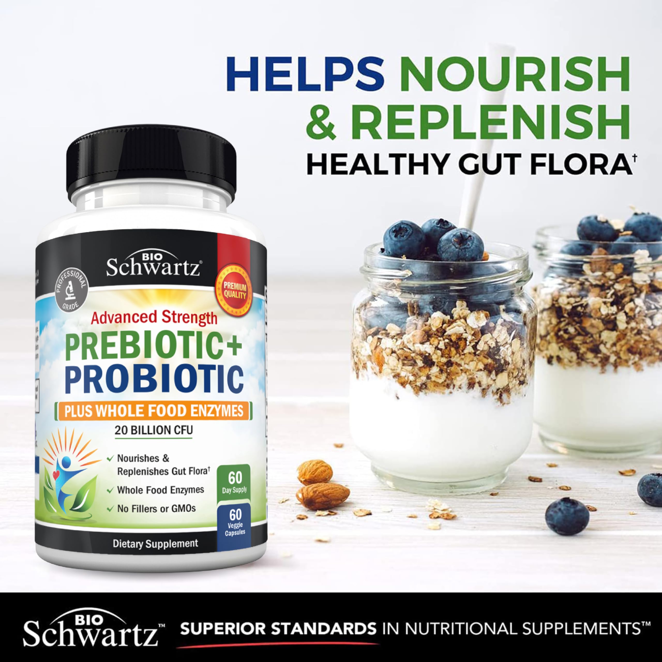 Advanced Prebiotics and Probiotics for Women & Men, Immune, Digestive & Gut Health with L. Reuteri, Inulin Fiber, Digestive Enzymes, Non-GMO, Gluten-Free, Dairy-Free, 60 Capsules