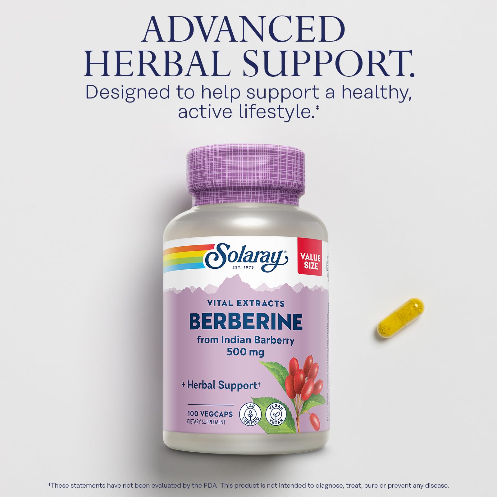 SOLARAY Berberine 500mg - Berberine Supplement for a Healthy, Active Lifestyle - with Berberine HCl from Indian Barberry - Vegan, Non-GMO, 60-Day Guarantee, Lab Verified - 100 Servings, 100 VegCaps