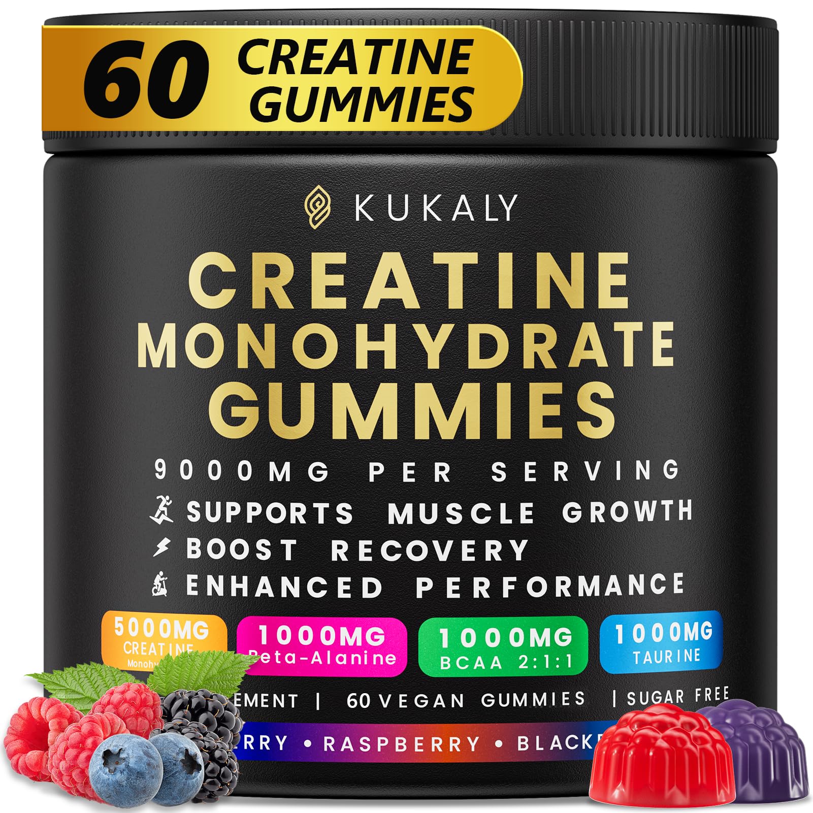 kukaly Creatine Monohydrate Gummies for Men & Women, 9000MG Creatine Gummies Sugar Free - Mixed Flavored with L-Taurine, BCAA 2:1, B12 B6 for Boost Strength, Focus & Endurance, Vegan, Non-GMO, 61pcs