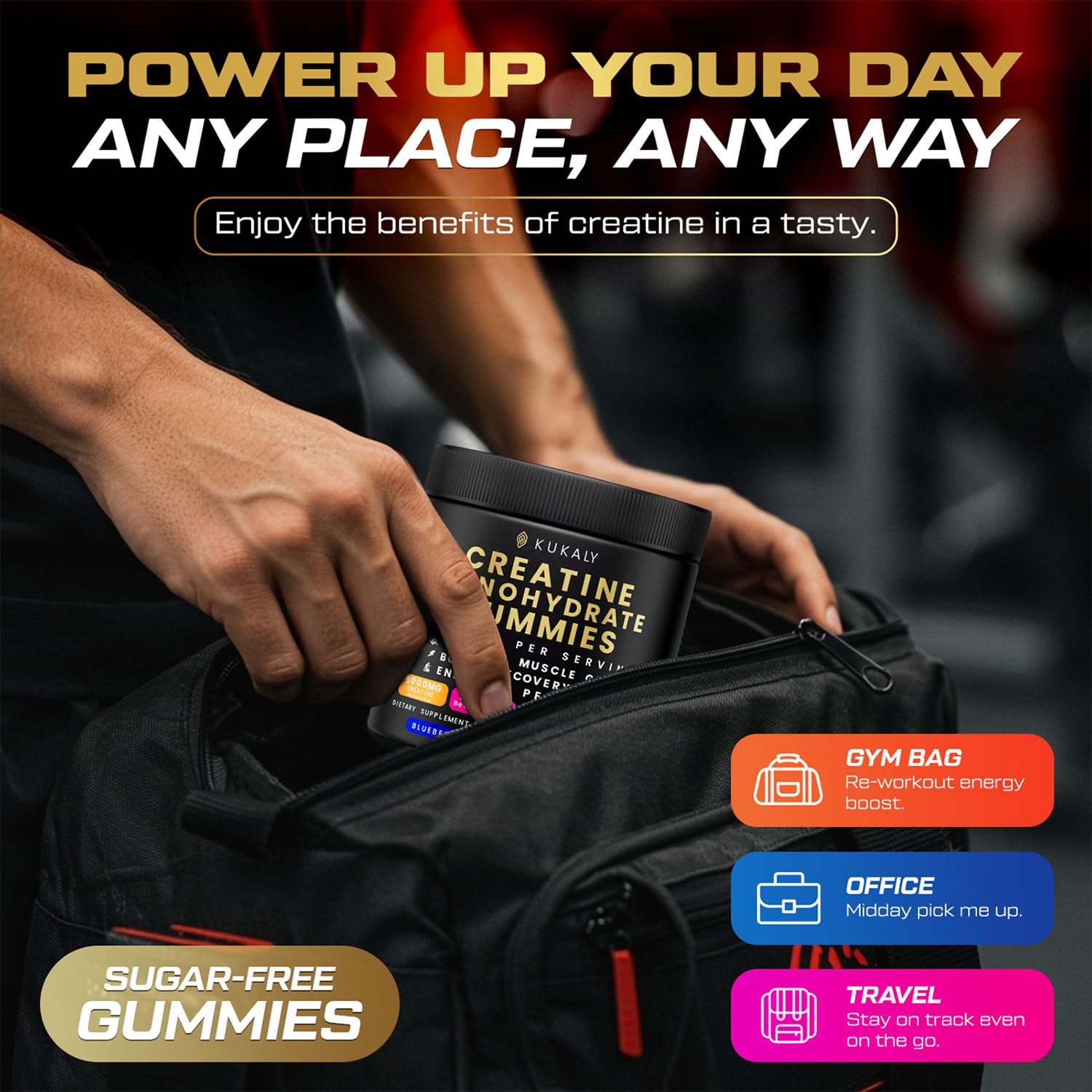 kukaly Creatine Monohydrate Gummies for Men & Women, 9000MG Creatine Gummies Sugar Free - Mixed Flavored with L-Taurine, BCAA 2:1, B12 B6 for Boost Strength, Focus & Endurance, Vegan, Non-GMO, 61pcs