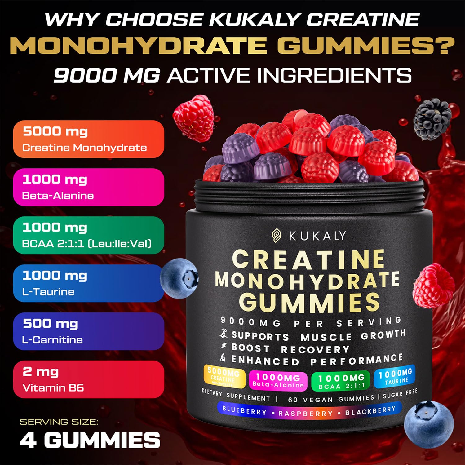kukaly Creatine Monohydrate Gummies for Men & Women, 9000MG Creatine Gummies Sugar Free - Mixed Flavored with L-Taurine, BCAA 2:1, B12 B6 for Boost Strength, Focus & Endurance, Vegan, Non-GMO, 61pcs