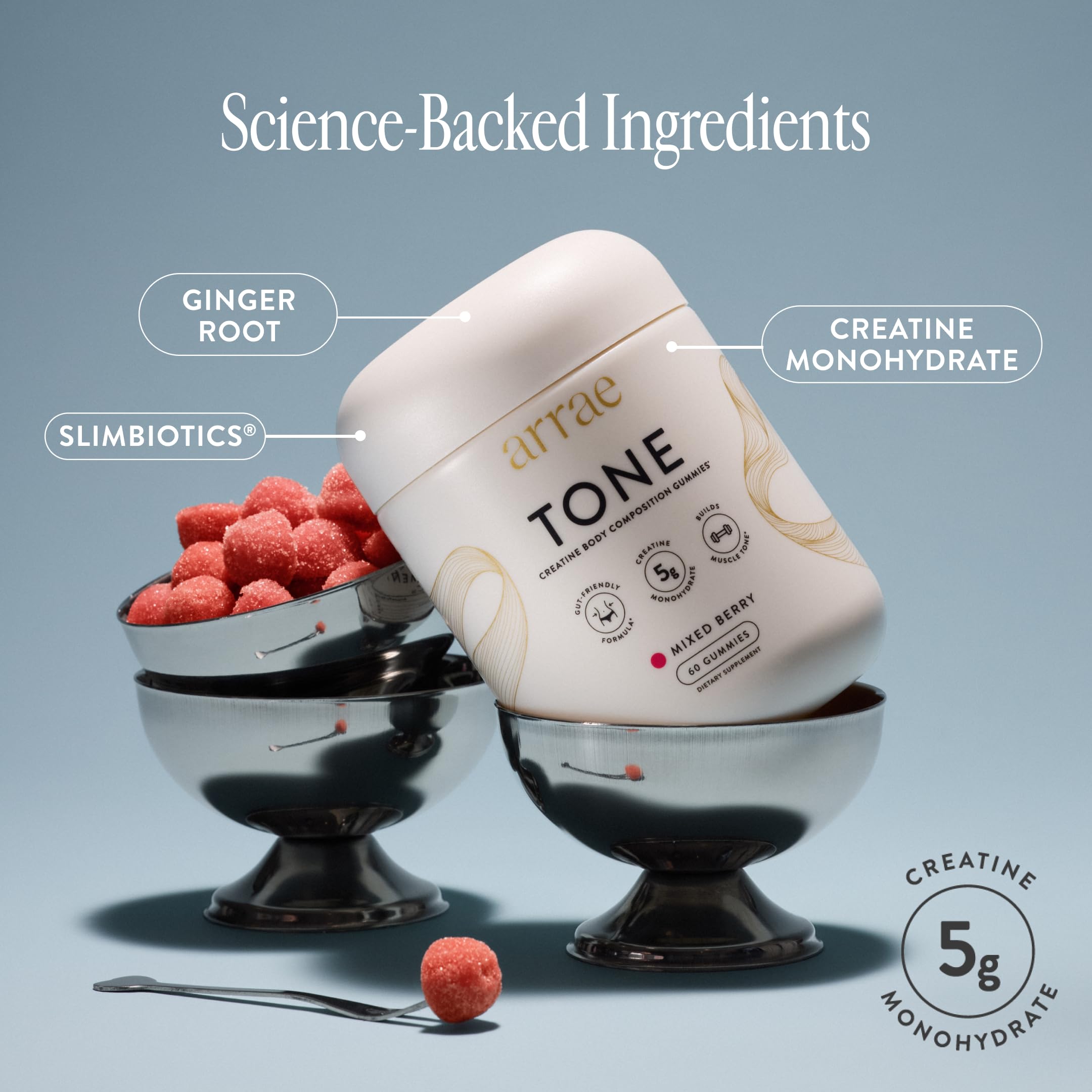 Arrae Tone Gummies – Creatine Monohydrate for Women – Support Lean Muscle, Strength & Recovery – Mixed Berry Flavor – 60 Count