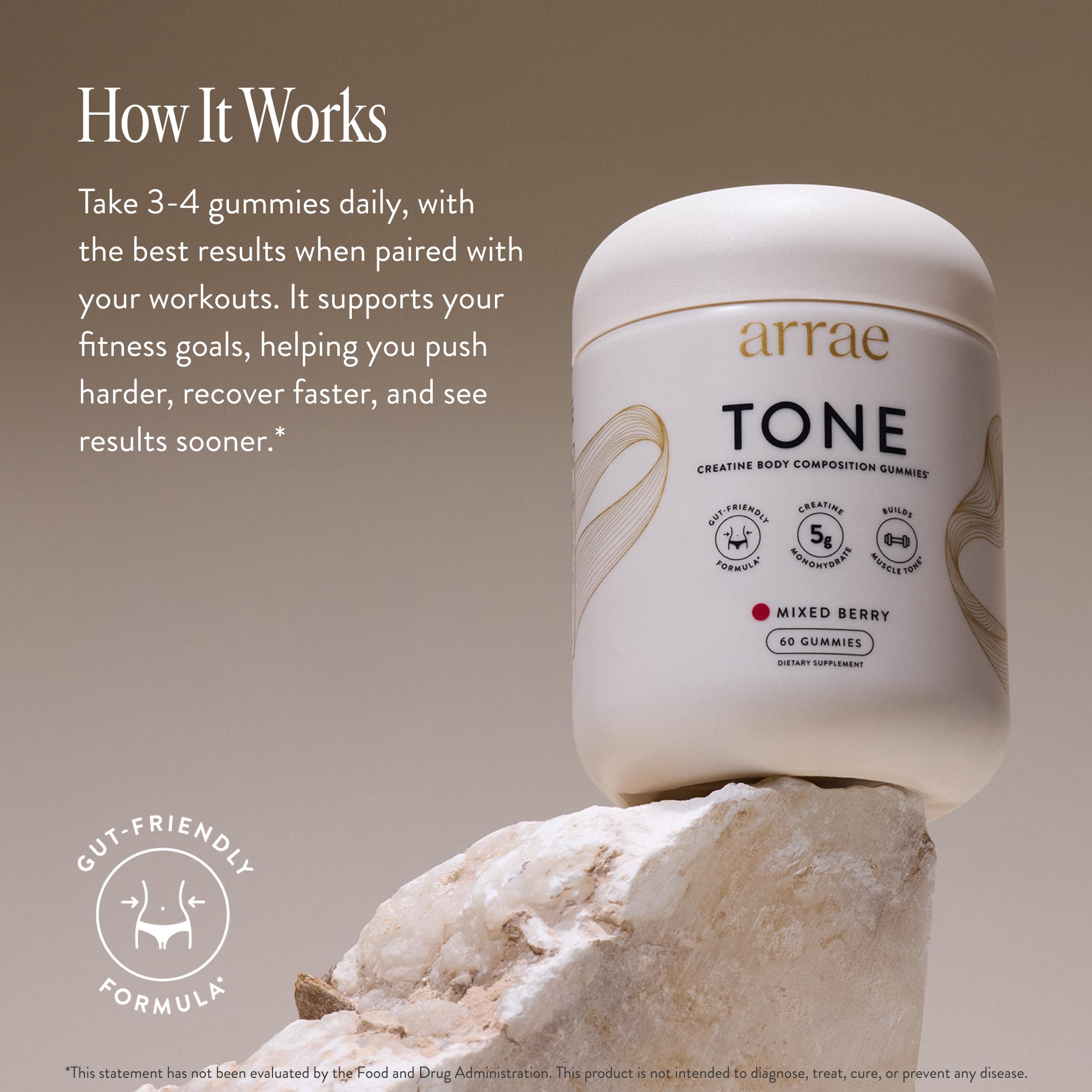 Arrae Tone Gummies – Creatine Monohydrate for Women – Support Lean Muscle, Strength & Recovery – Mixed Berry Flavor – 60 Count