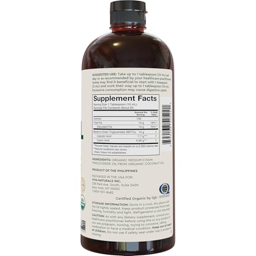Viva Naturals Organic MCT Oil, 32 fl oz – MCT Oil for Coffee, USDA Organic, Non-GMO, Paleo Certified & Keto Friendly, Supports Energy & Mental Clarity