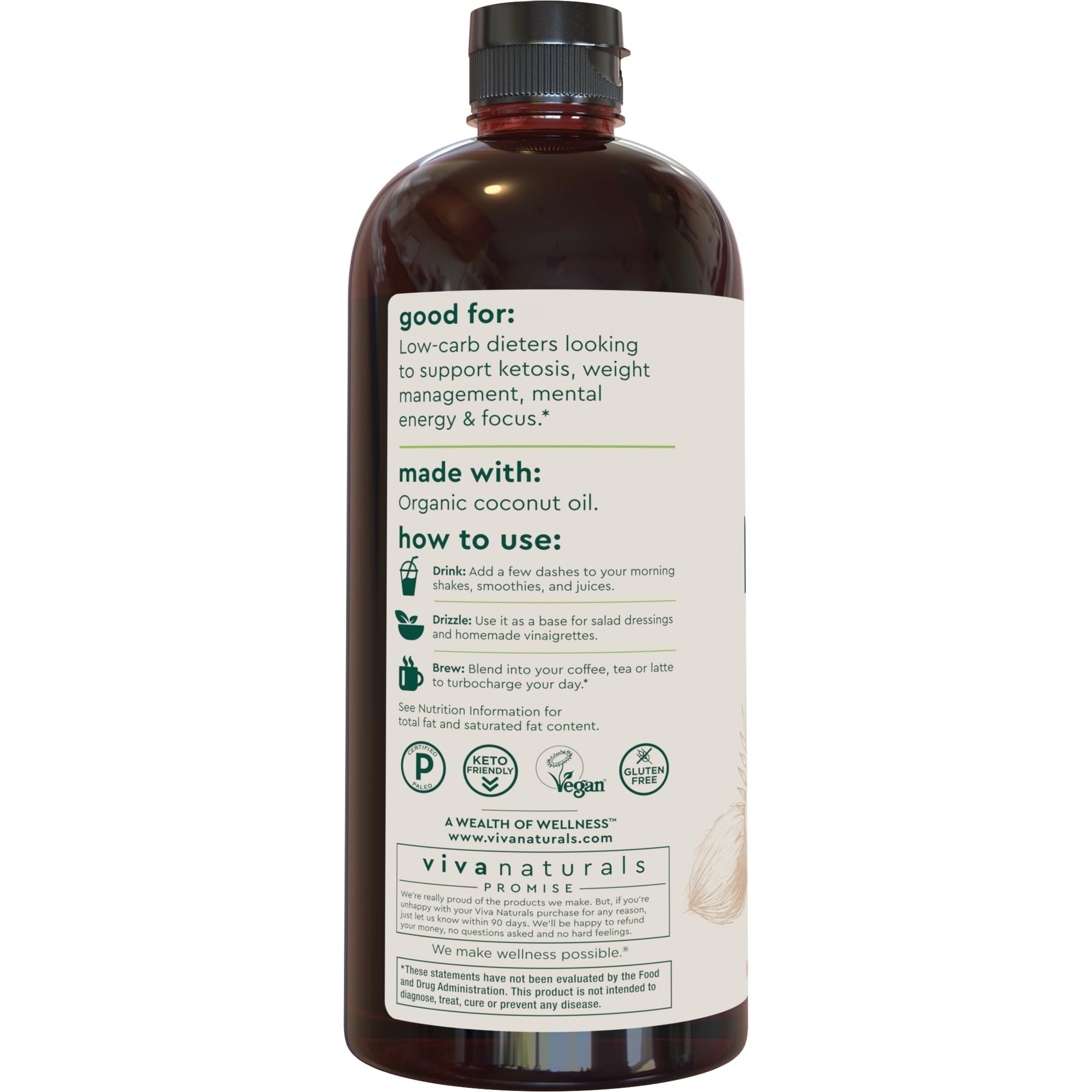 Viva Naturals Organic MCT Oil, 32 fl oz – MCT Oil for Coffee, USDA Organic, Non-GMO, Paleo Certified & Keto Friendly, Supports Energy & Mental Clarity