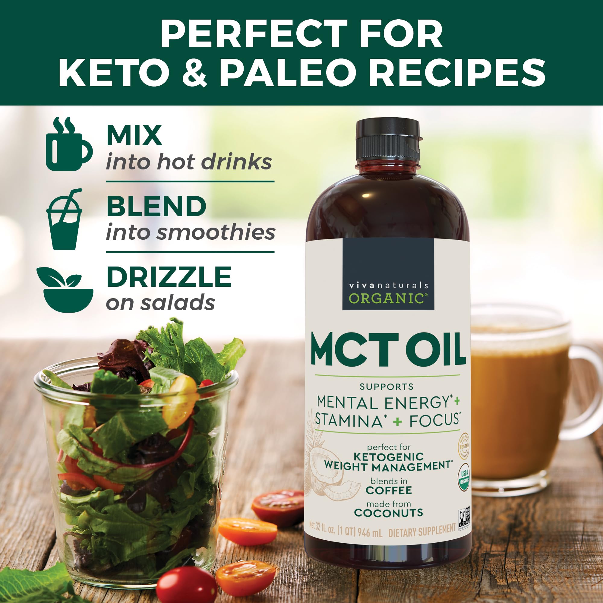Viva Naturals Organic MCT Oil, 32 fl oz – MCT Oil for Coffee, USDA Organic, Non-GMO, Paleo Certified & Keto Friendly, Supports Energy & Mental Clarity