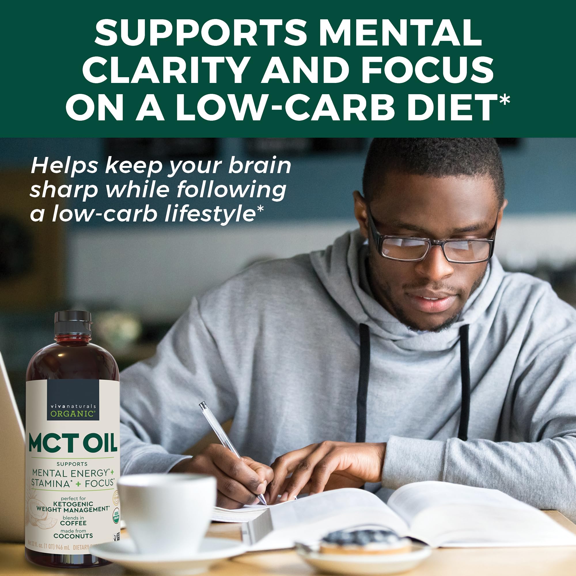Viva Naturals Organic MCT Oil, 32 fl oz – MCT Oil for Coffee, USDA Organic, Non-GMO, Paleo Certified & Keto Friendly, Supports Energy & Mental Clarity