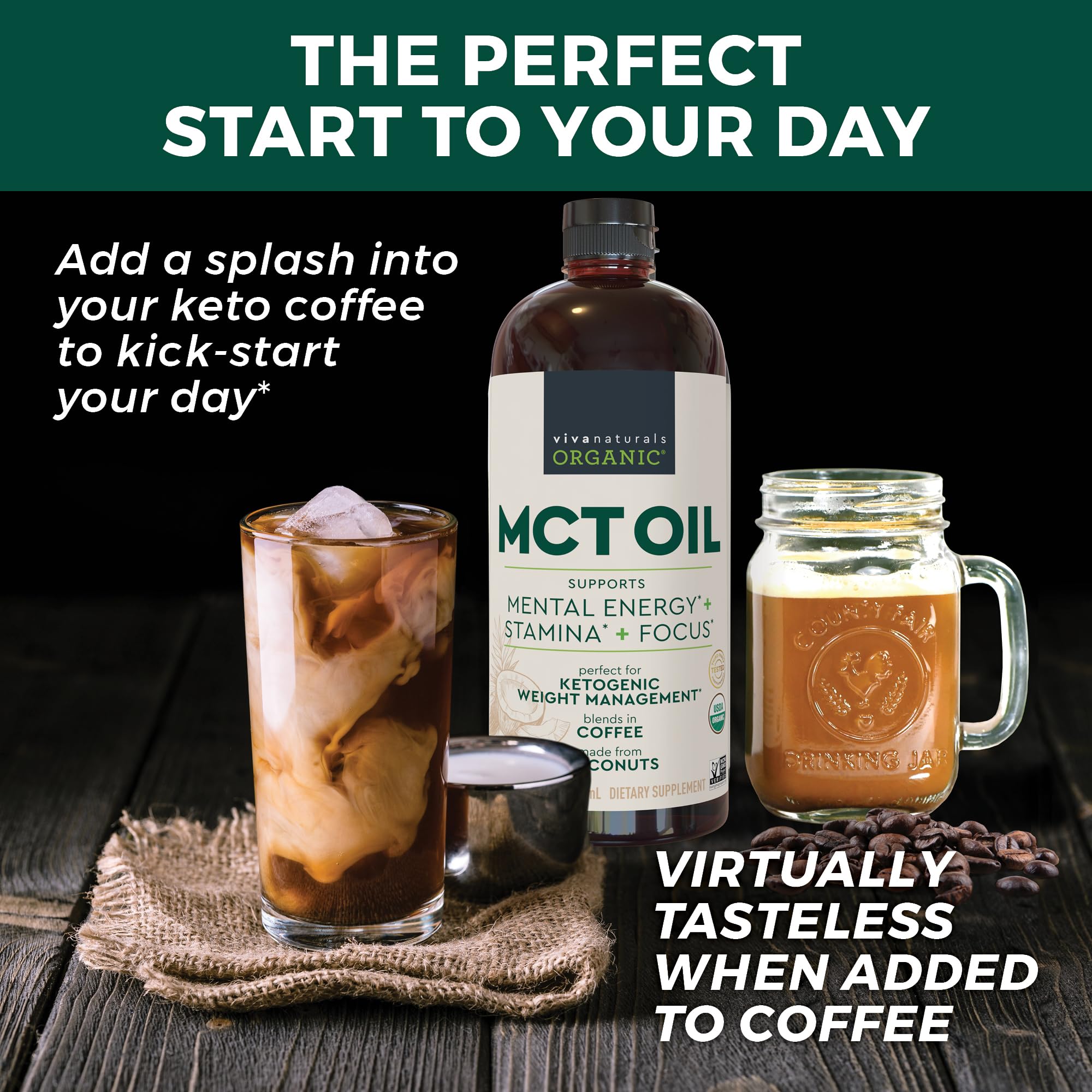 Viva Naturals Organic MCT Oil, 32 fl oz – MCT Oil for Coffee, USDA Organic, Non-GMO, Paleo Certified & Keto Friendly, Supports Energy & Mental Clarity