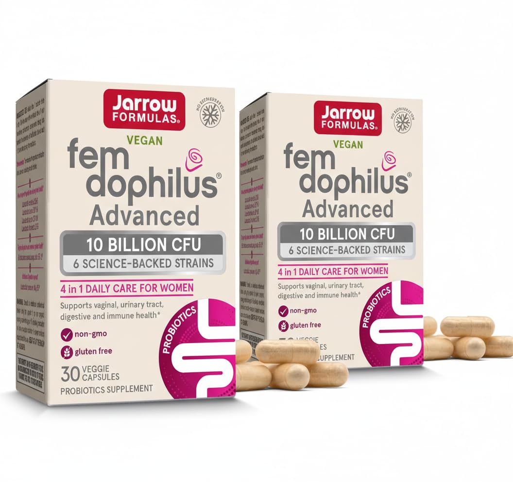 Jarrow Formulas Fem-Dophilus Advanced Vaginal & Digestive Probiotics 10 Billion CFU, for Vaginal, Urinary Tract, Digestive & Immune Support, 30 Capsules (Pack of 2)