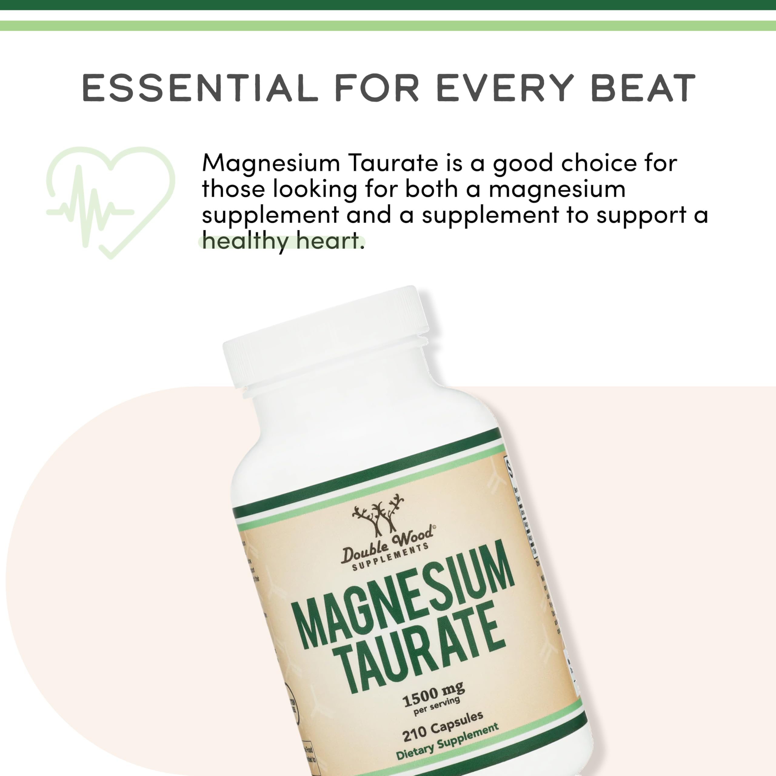 Magnesium Taurate Supplement for Cardiovascular Health to Boost Magnesium Levels (1,500mg per Serving, 210 Vegan Capsules) Non-GMO, Gluten Free, by Double Wood Supplements