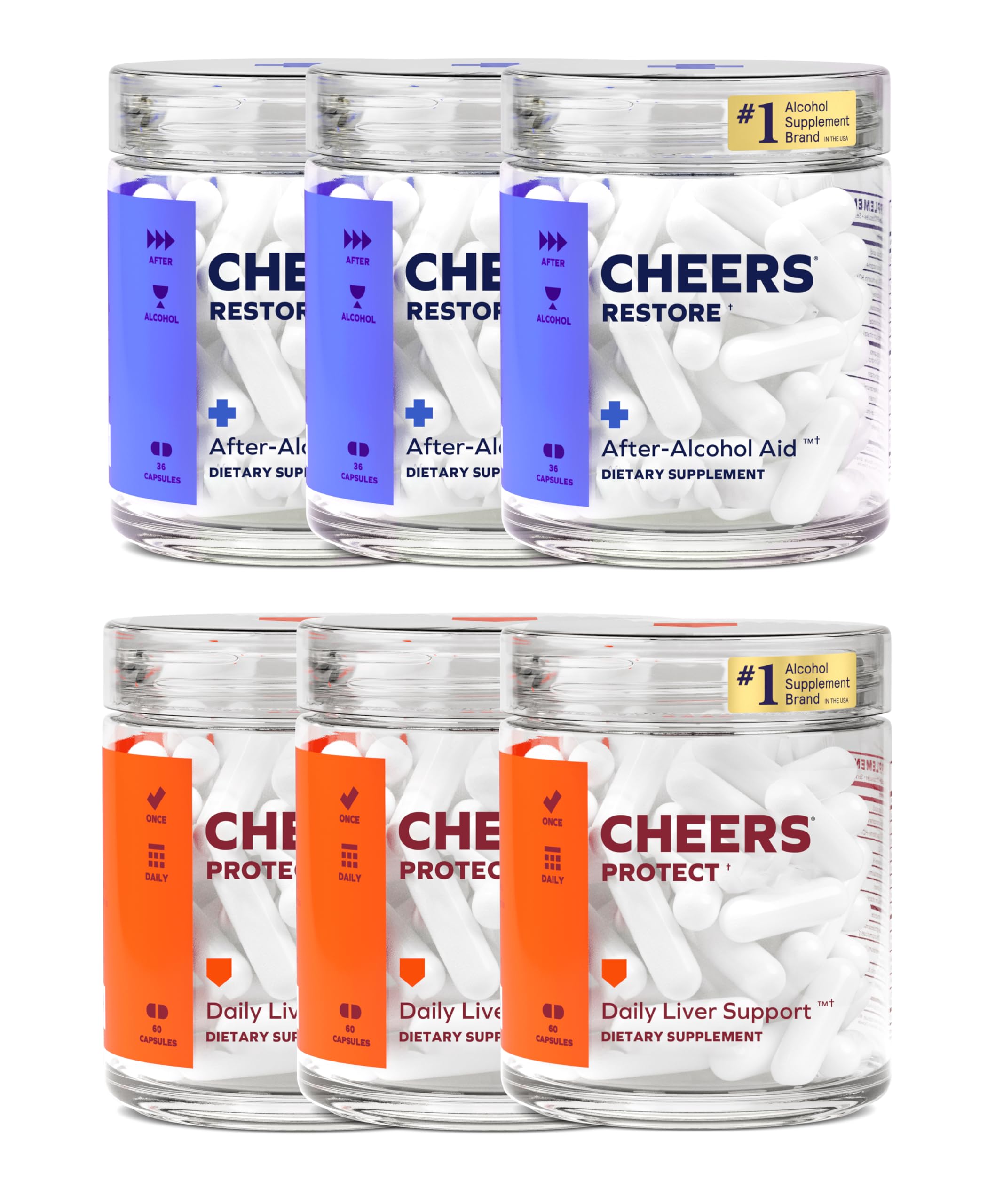 Cheers Liver Combo | Restore + Protect | Support Your Liver & Feel Better After Drinking | DHM, L-Cysteine, Milk Thistle, Prickly Pear, B-Vitamins | 36 Doses Restore, 90 Doses Protect | Supplements