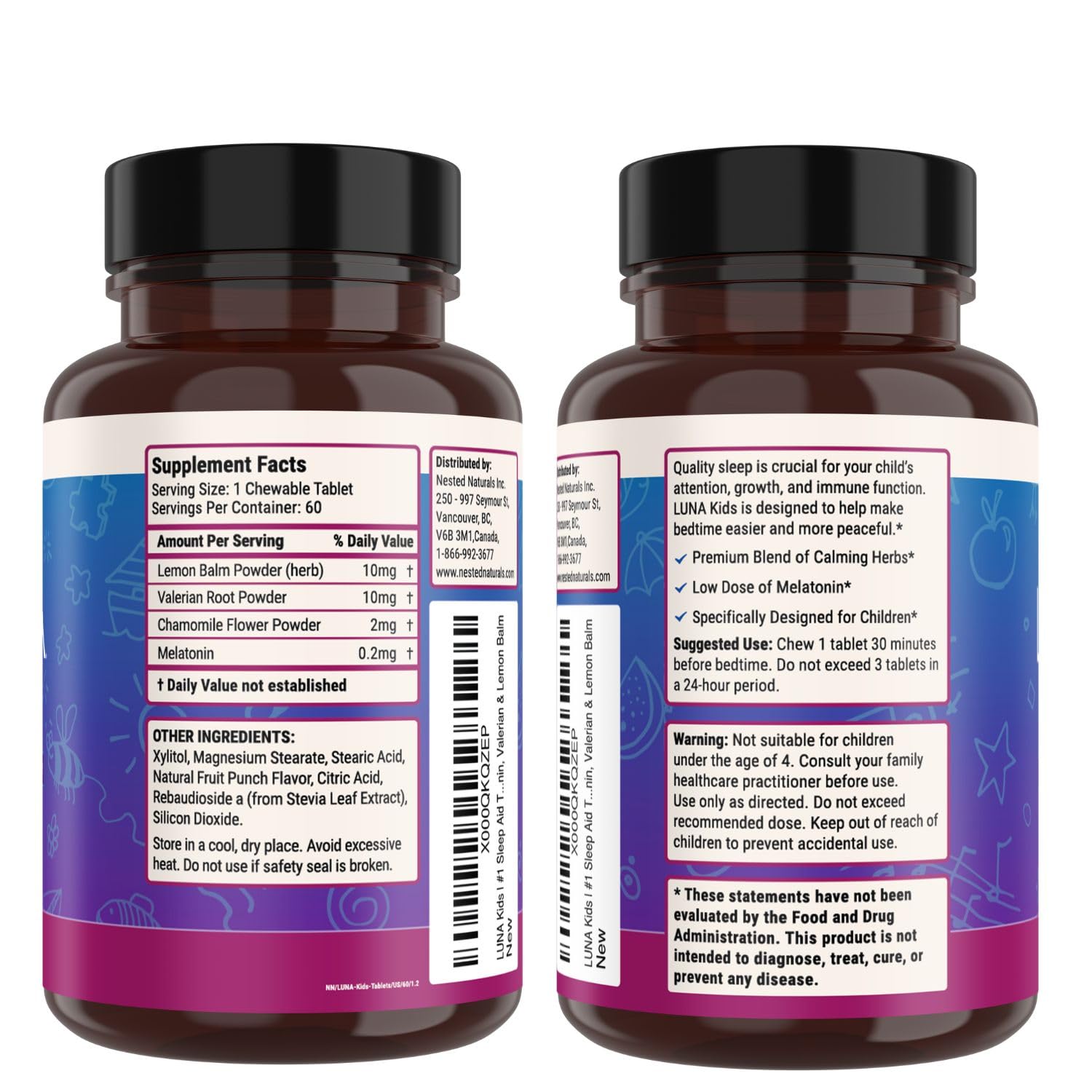 Nested Naturals Luna Kids Sleep Aid Tablets for Children 4+ - Naturally Sourced Ingredients - Gentle, Herbal Sleep Supplement with Chamomile, Melatonin, Valerian & Lemon Balm - 120 Chewable Tablets