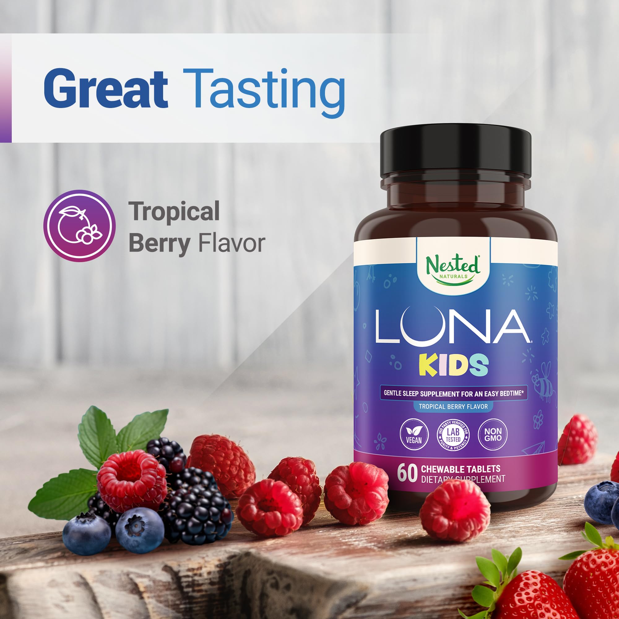 Nested Naturals Luna Kids Sleep Aid Tablets for Children 4+ - Naturally Sourced Ingredients - Gentle, Herbal Sleep Supplement with Chamomile, Melatonin, Valerian & Lemon Balm - 120 Chewable Tablets