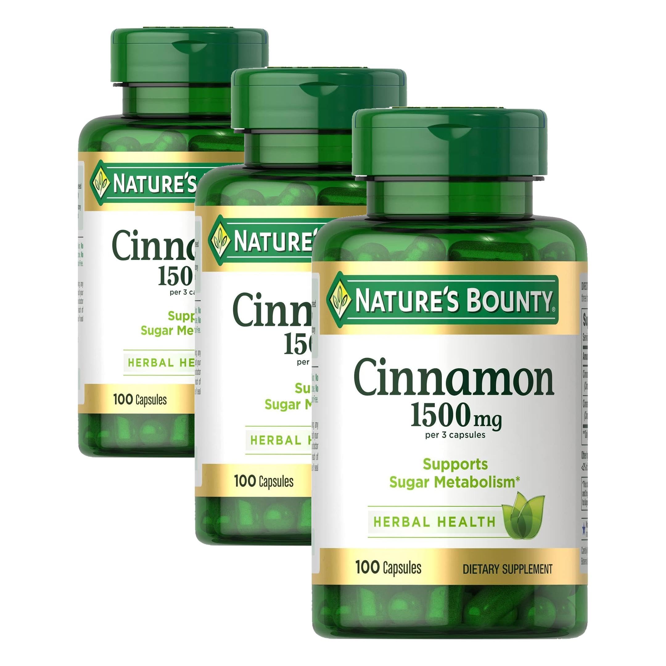 Nature's Bounty Cinnamon Capsules, Herbal Supplement, Supports Sugar Metabolism, 1500mg, 100 Capsules (Pack of 3)