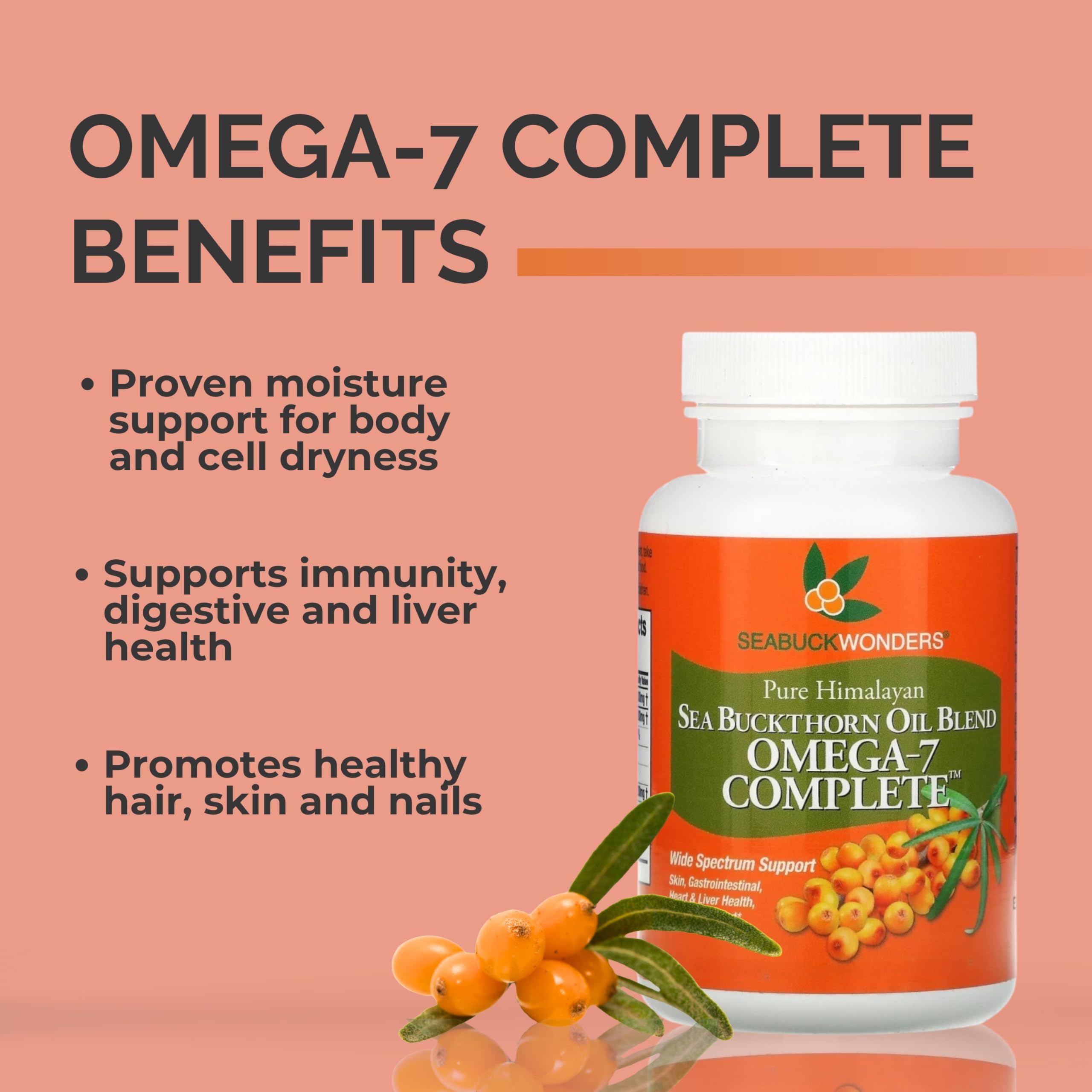 SeabuckWonders Complete Omega 3-6-7-9 Organic Sea Buckthorn Oil, 180 Softgels, 90 Day Supply, Supports Hair, Skin & Nails, Overall Health & Wellness