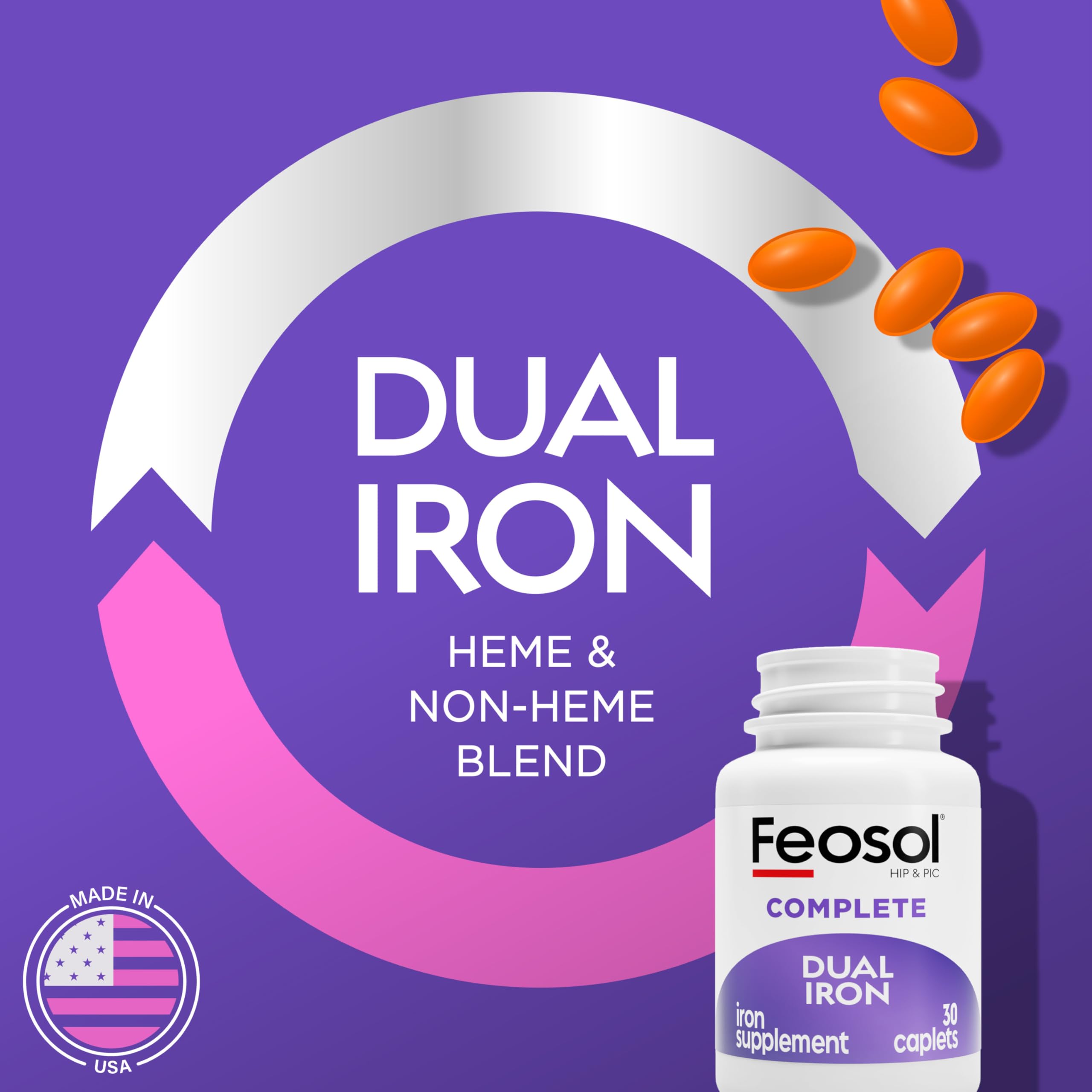 Feosol Complete Iron Supplement Caplets, Bifera Iron for High Absorption, Heme and Non-Heme Dual Action Minimizes Side Effects, 1 Per Day, for Energy and Immune System Support, Made in USA, 30 Count