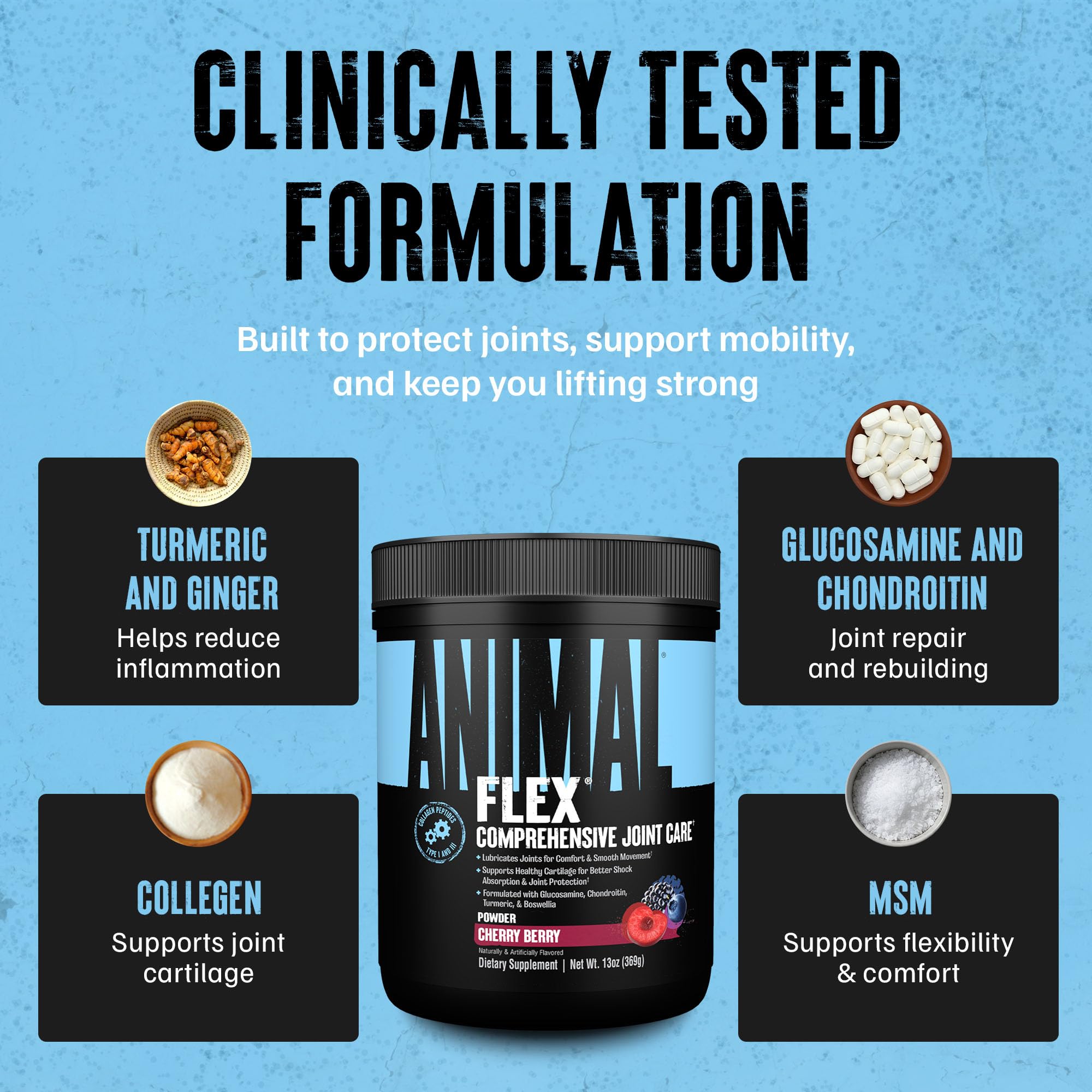 Animal Flex Powder - Joint Support Supplement for Pain Relief, Repair and Restore Muscles with Turmeric, Glucosamine, Chondroitin, MSM, Collagen and Boswellia, Great Tasting Cherry Flavor, 30 Scoops
