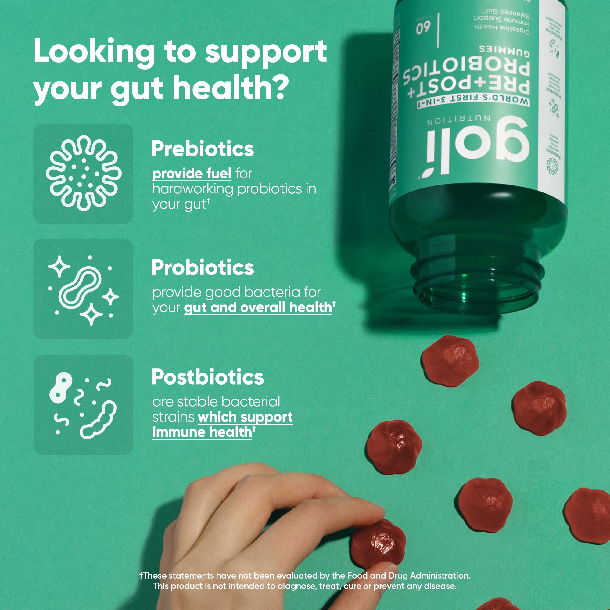 Goli Nutritional Supplement, Pre+Post+Probiotics Gummy - 300 Count - World's First 3-in-1 Gluten-Free, Vegan, Non-GMO, and Gelatin-Free.