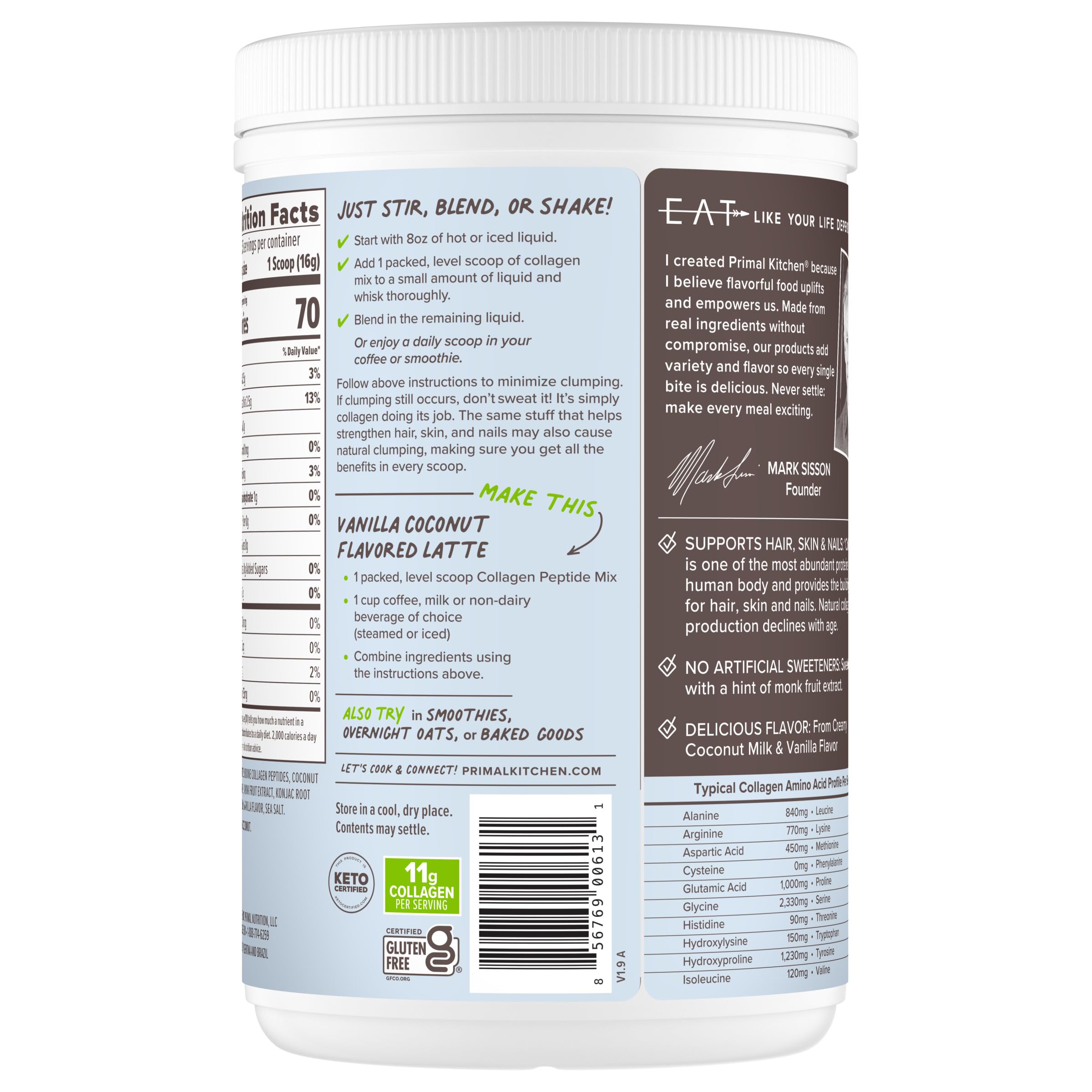 Primal Kitchen Vanilla Collagen Fuel® Drink Mix, Vanilla Coconut Collagen Peptides, No Dairy or Artificial Sweeteners, 14.4 Ounces