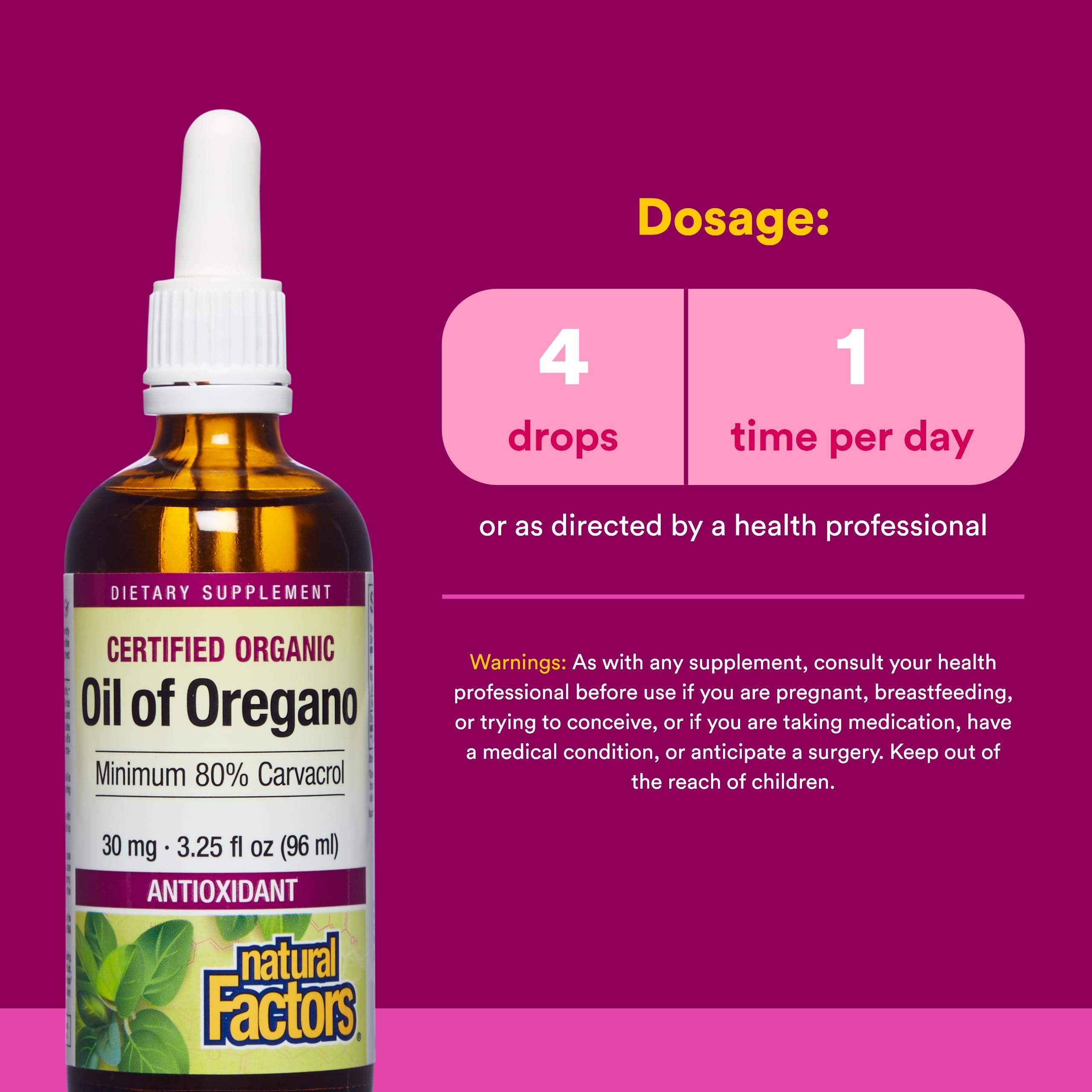 Natural Factors Oil of Oregano - Liquid Antioxidant Support Supplement for Immune Support - Easy Swallow Health Supplement with Non-GMO & Gluten-Free Formula - 3.25 fl oz