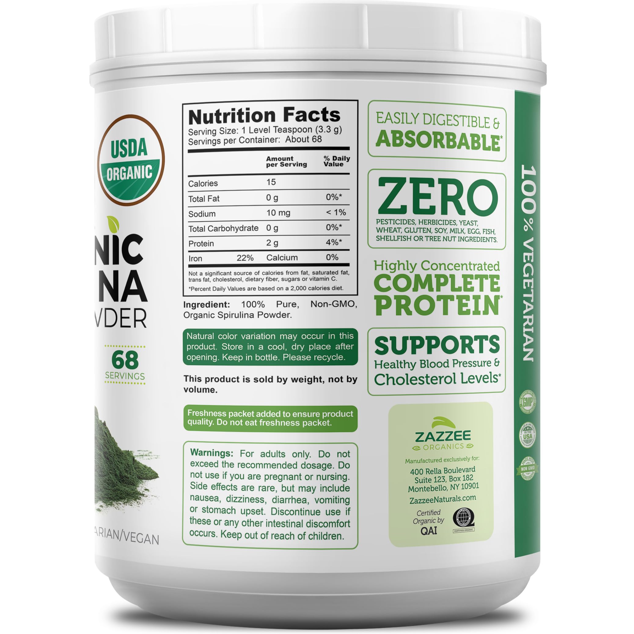 Zazzee USDA Organic Spirulina Powder, 8 Ounces, 68 Servings, Certified Kosher, 100% Pure, Non-Irradiated, Mess-Free Wide Mouth Container, Fresh Smell and Neutral Taste, Non-GMO, Made in the USA