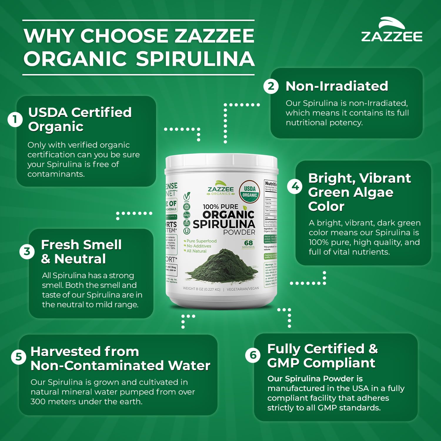 Zazzee USDA Organic Spirulina Powder, 8 Ounces, 68 Servings, Certified Kosher, 100% Pure, Non-Irradiated, Mess-Free Wide Mouth Container, Fresh Smell and Neutral Taste, Non-GMO, Made in the USA