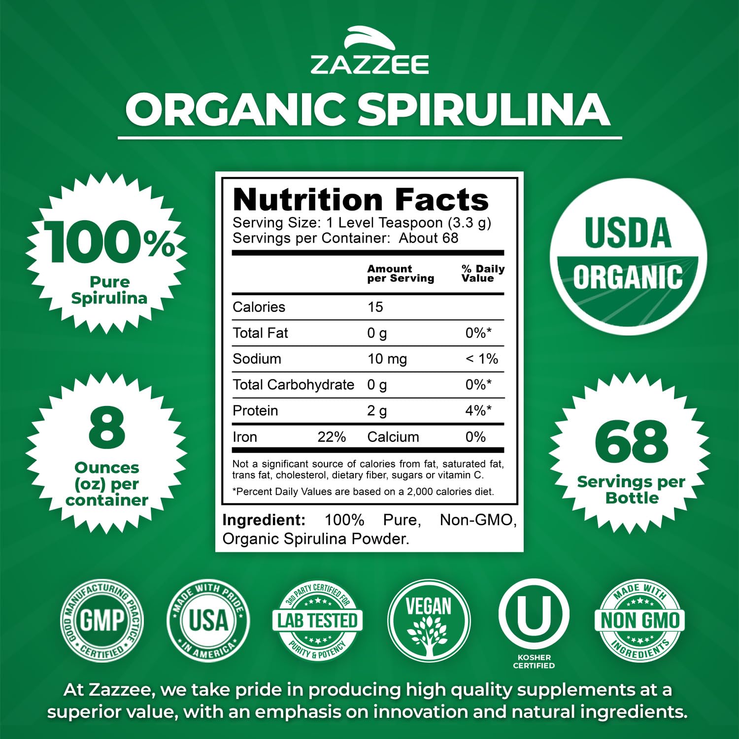 Zazzee USDA Organic Spirulina Powder, 8 Ounces, 68 Servings, Certified Kosher, 100% Pure, Non-Irradiated, Mess-Free Wide Mouth Container, Fresh Smell and Neutral Taste, Non-GMO, Made in the USA