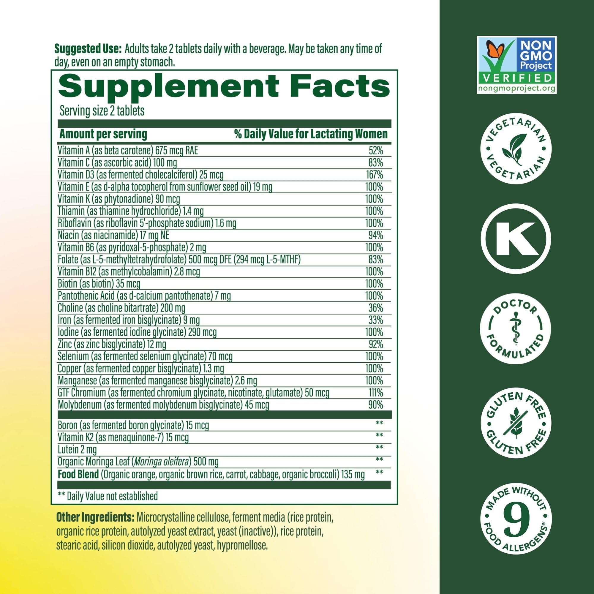 MegaFood Baby & Me 2 Postnatal Vitamins for Women Breastfeeding with Folate (Folic Acid Natural Form), Choline, Iodine, Vitamin D, Moringa Leaf and More - 60 Tabs (30 Servings)