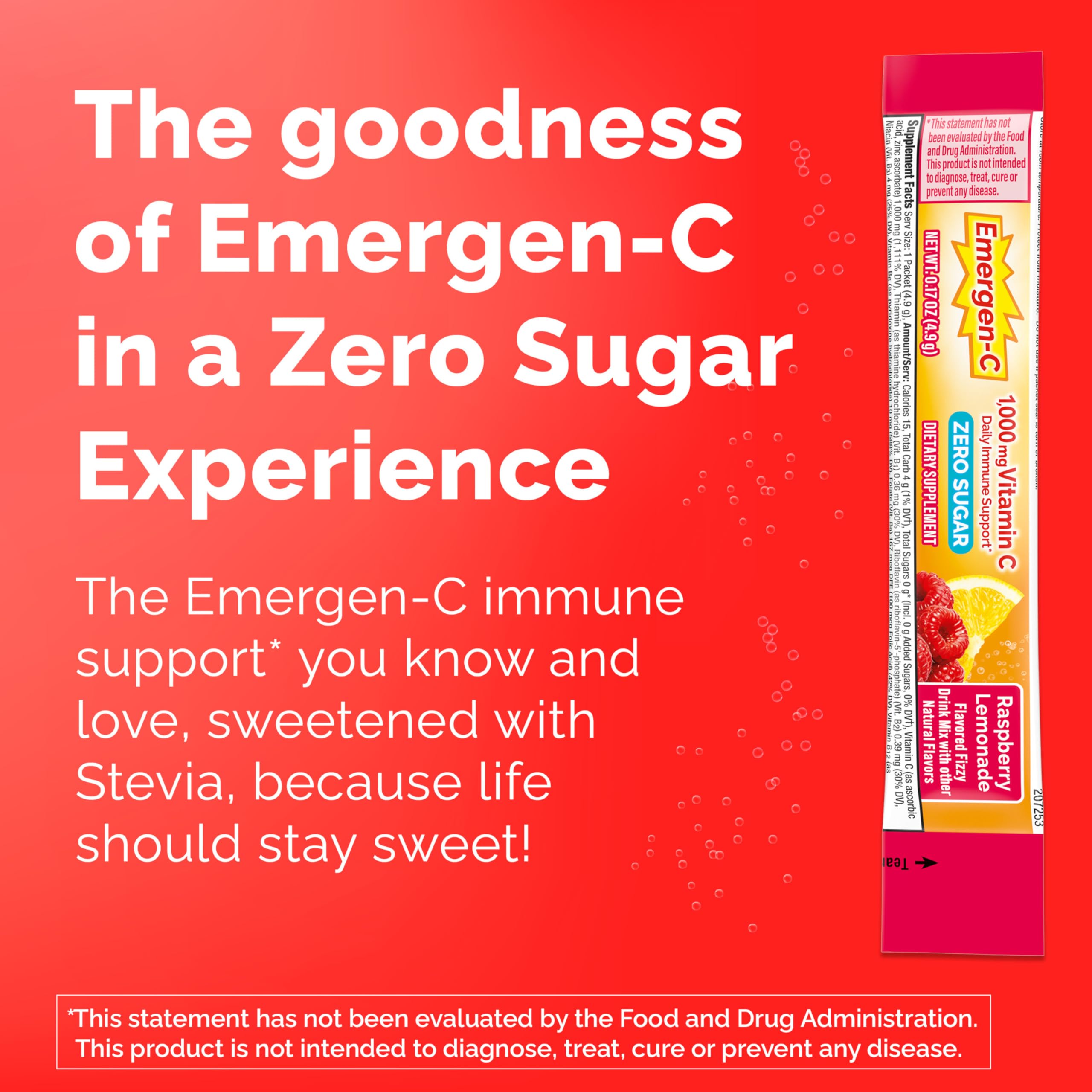 Emergen-C Zero Sugar 1000 mg Vitamin C Powder for Daily Immune Support Caffeine Free Vitamin C Supplements with Zinc & Manganese,B Vitamins&Electrolytes, Raspberry Lemonade Flavor 36 Count(Pack of 2)