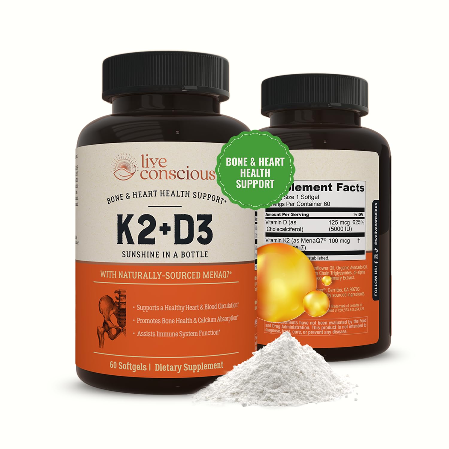Live Conscious Vitamin K2 MK7 with D3 Supplement | Bone & Heart Health Support - Patented Vitamin K & Vitamin D3 5000 IU - 60 Softgels